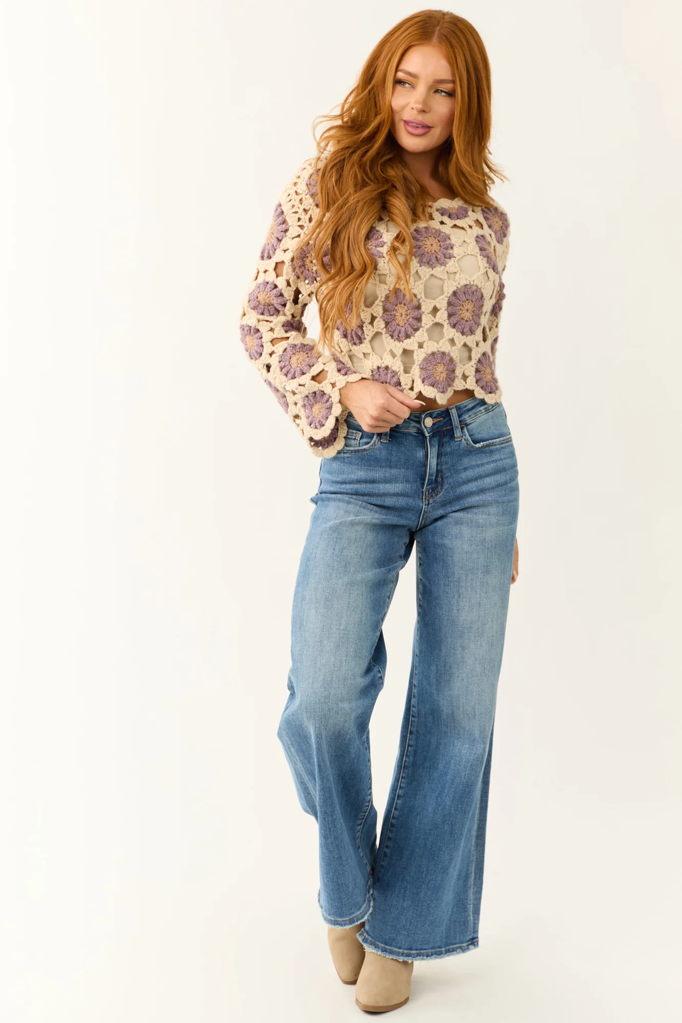 Almond Crochet Knit Floral Top