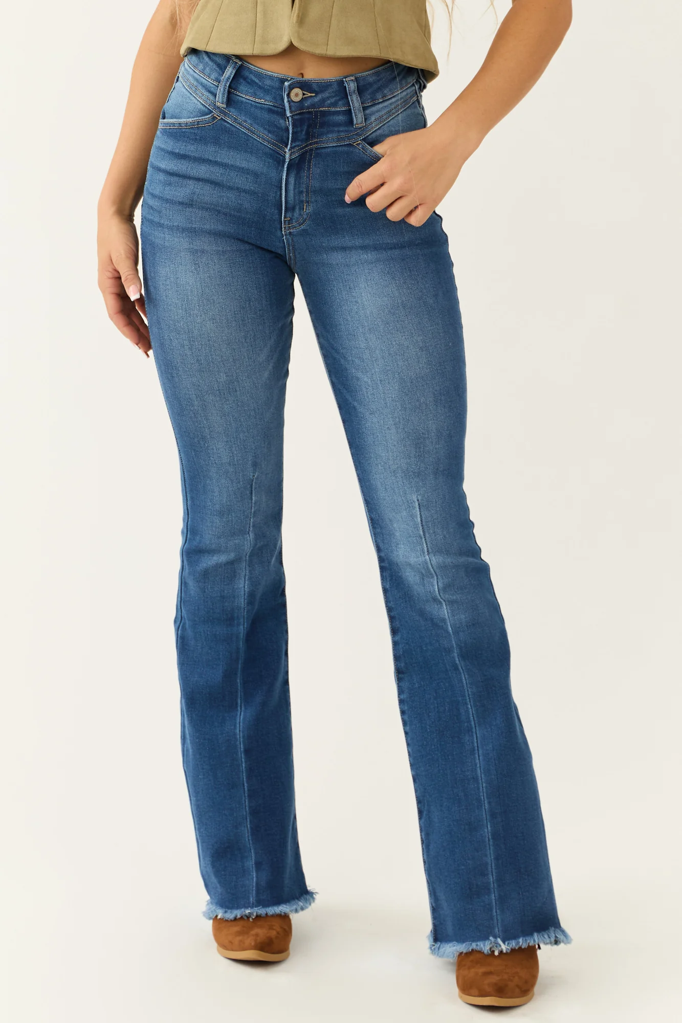 Medium Wash High Rise Frayed Hem Flare Jeans
