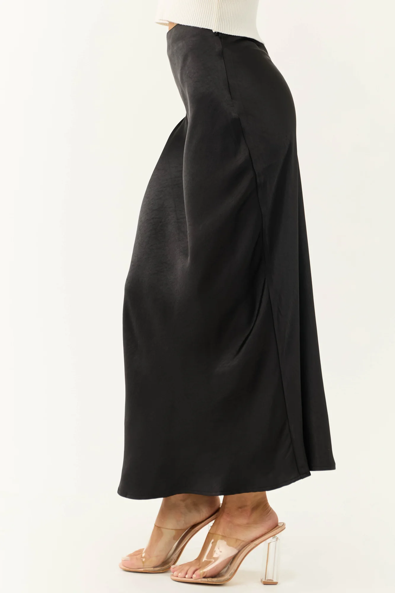 Black Satin Elastic Waist Maxi Skirt
