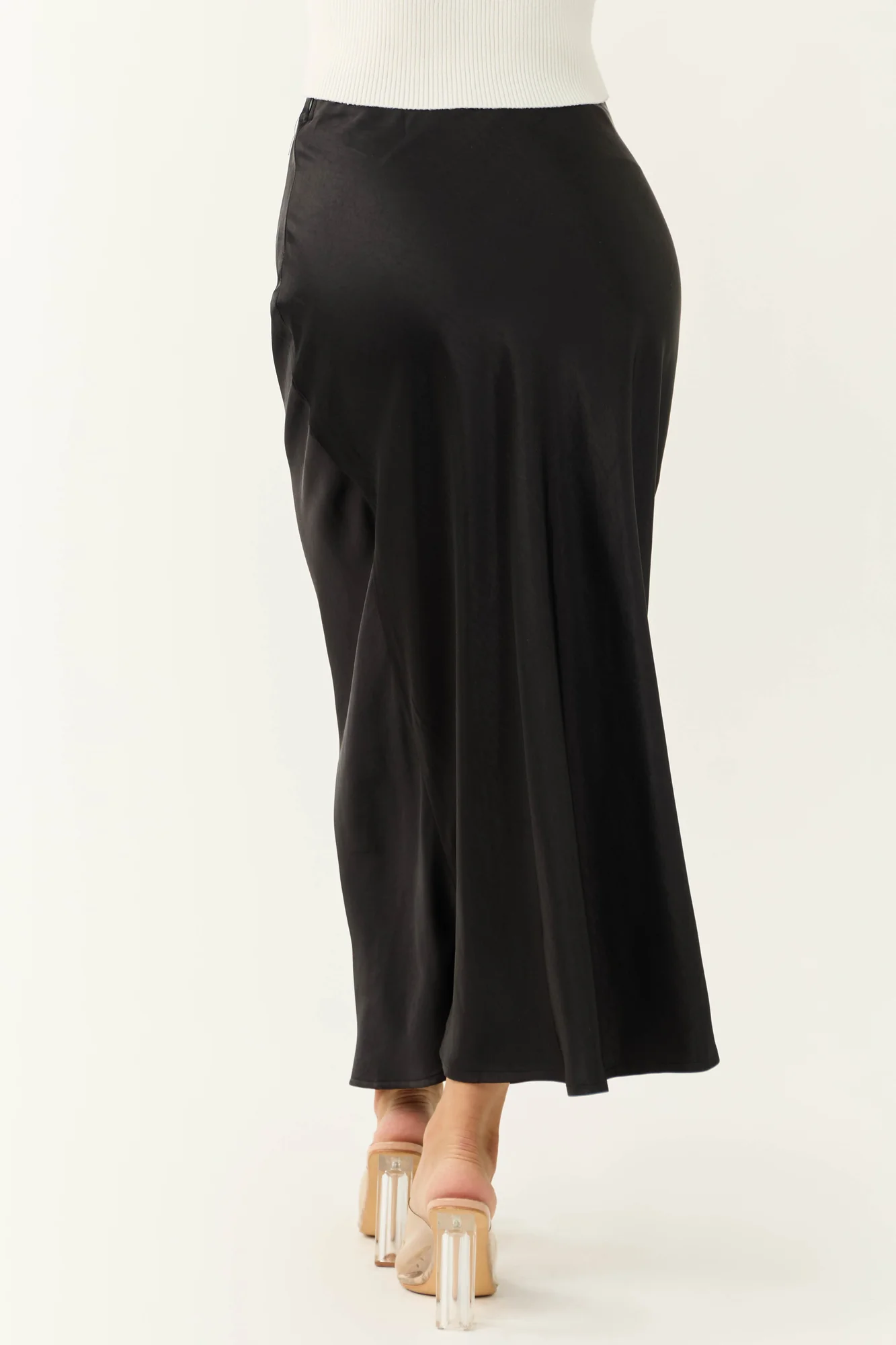 Black Satin Elastic Waist Maxi Skirt