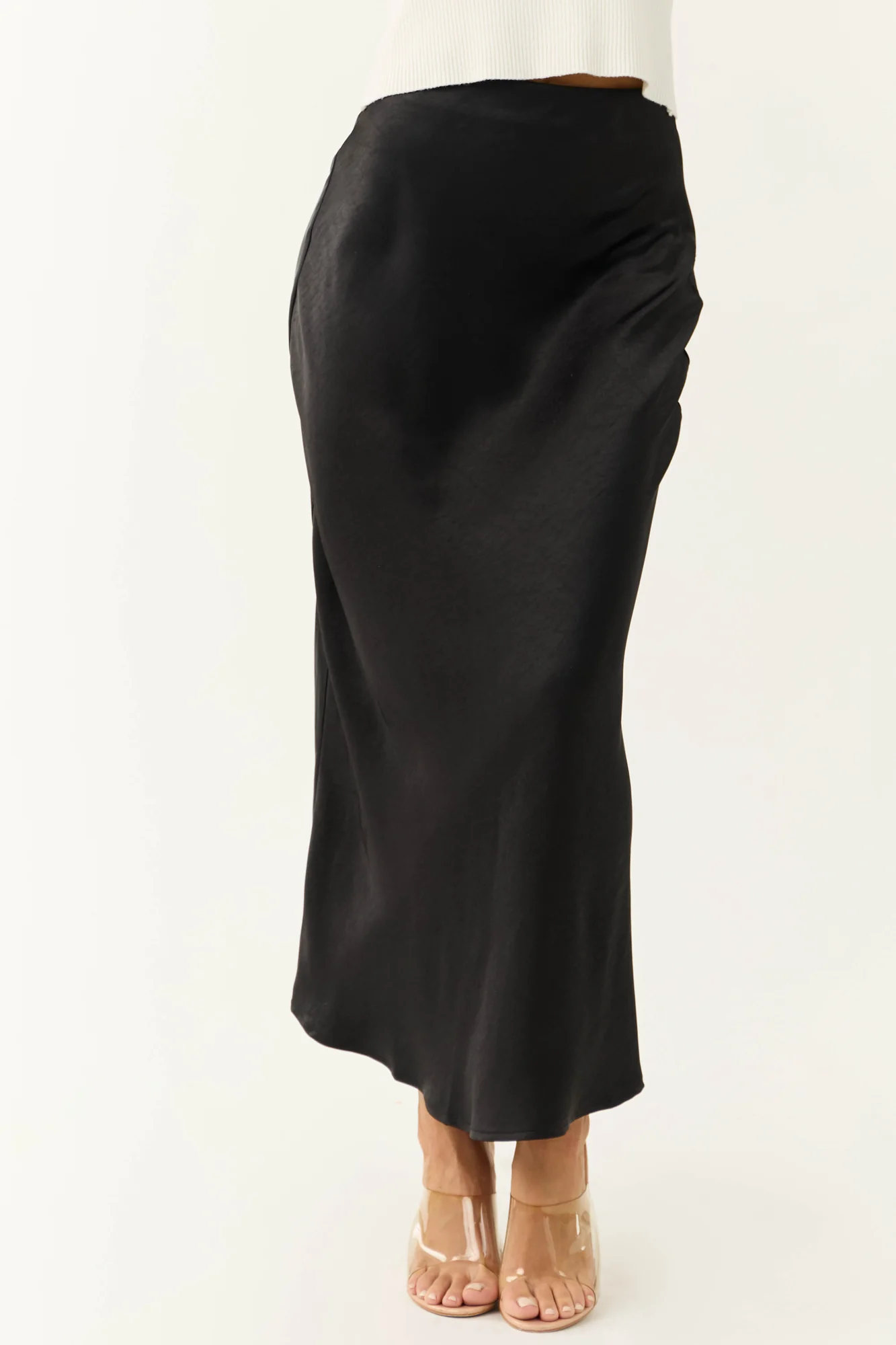 Black Satin Elastic Waist Maxi Skirt
