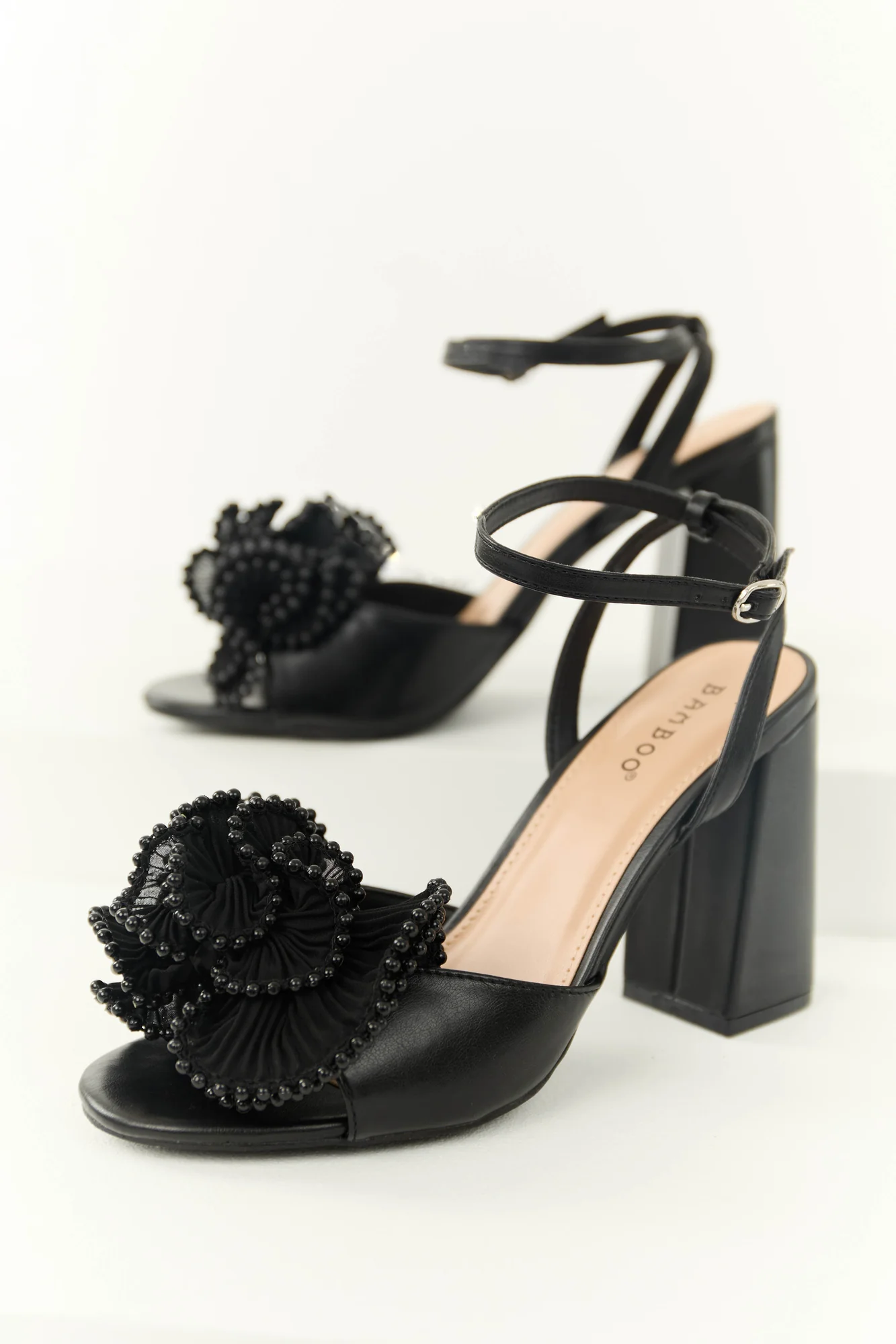Black Ruffle Block Heel Sandals - Trendy Open Toe Shoes