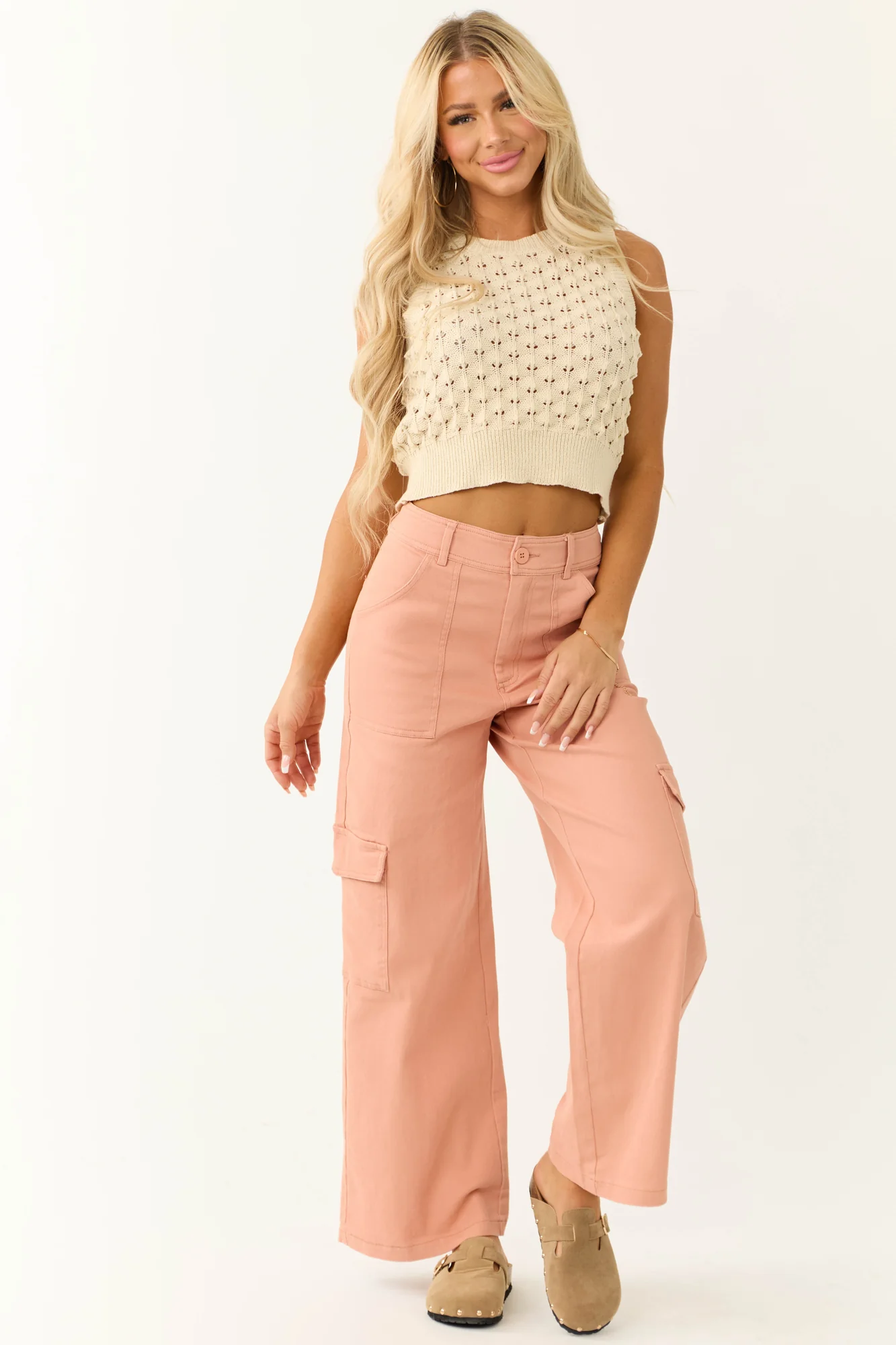Pink Twill High Waist Wide Leg Cargo Pants