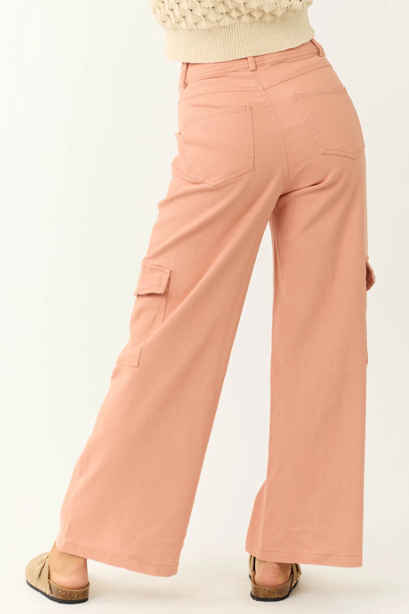 Pink Twill High Waist Wide Leg Cargo Pants