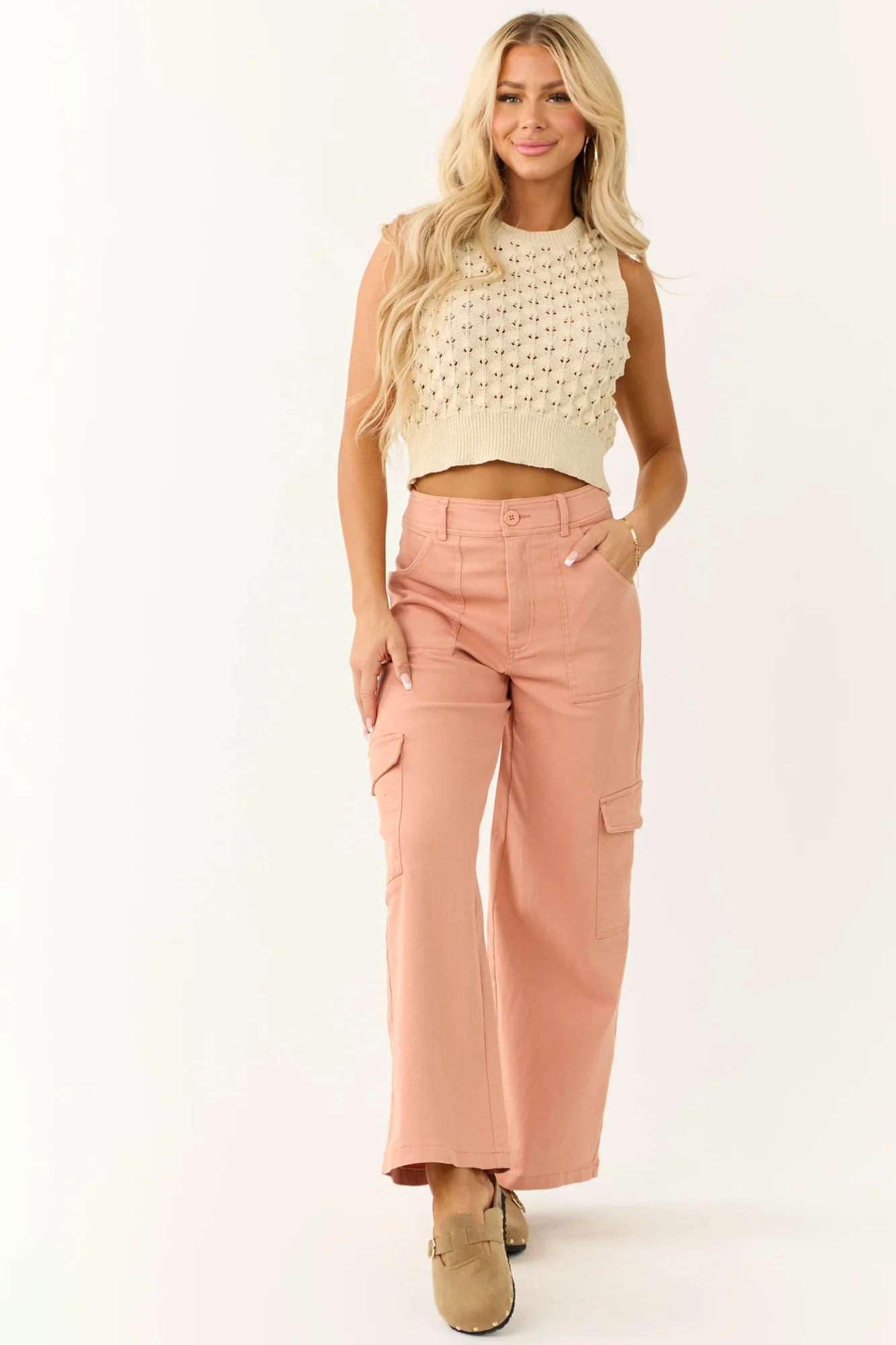 Pink Twill High Waist Wide Leg Cargo Pants