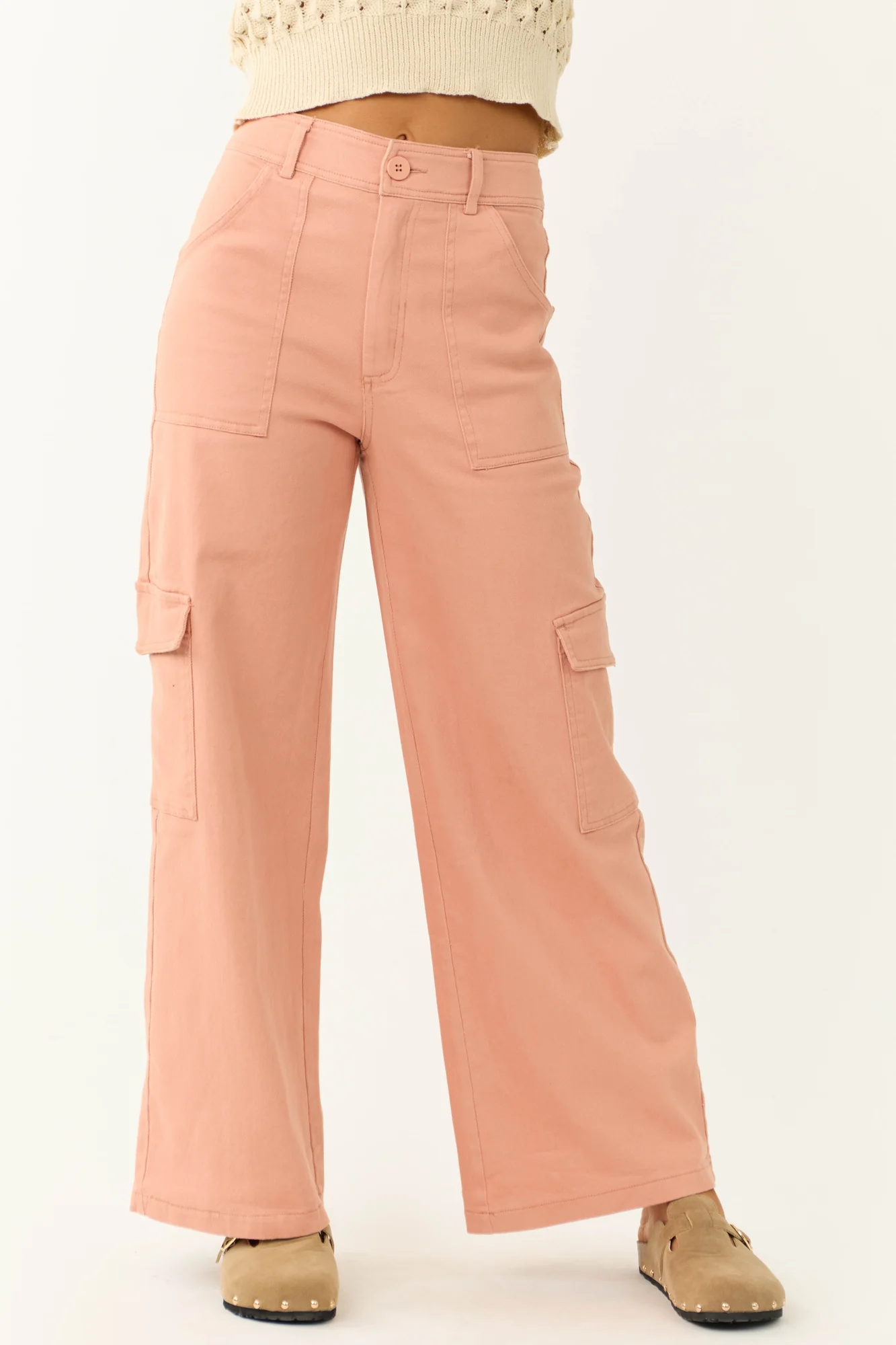 Pink Twill High Waist Wide Leg Cargo Pants