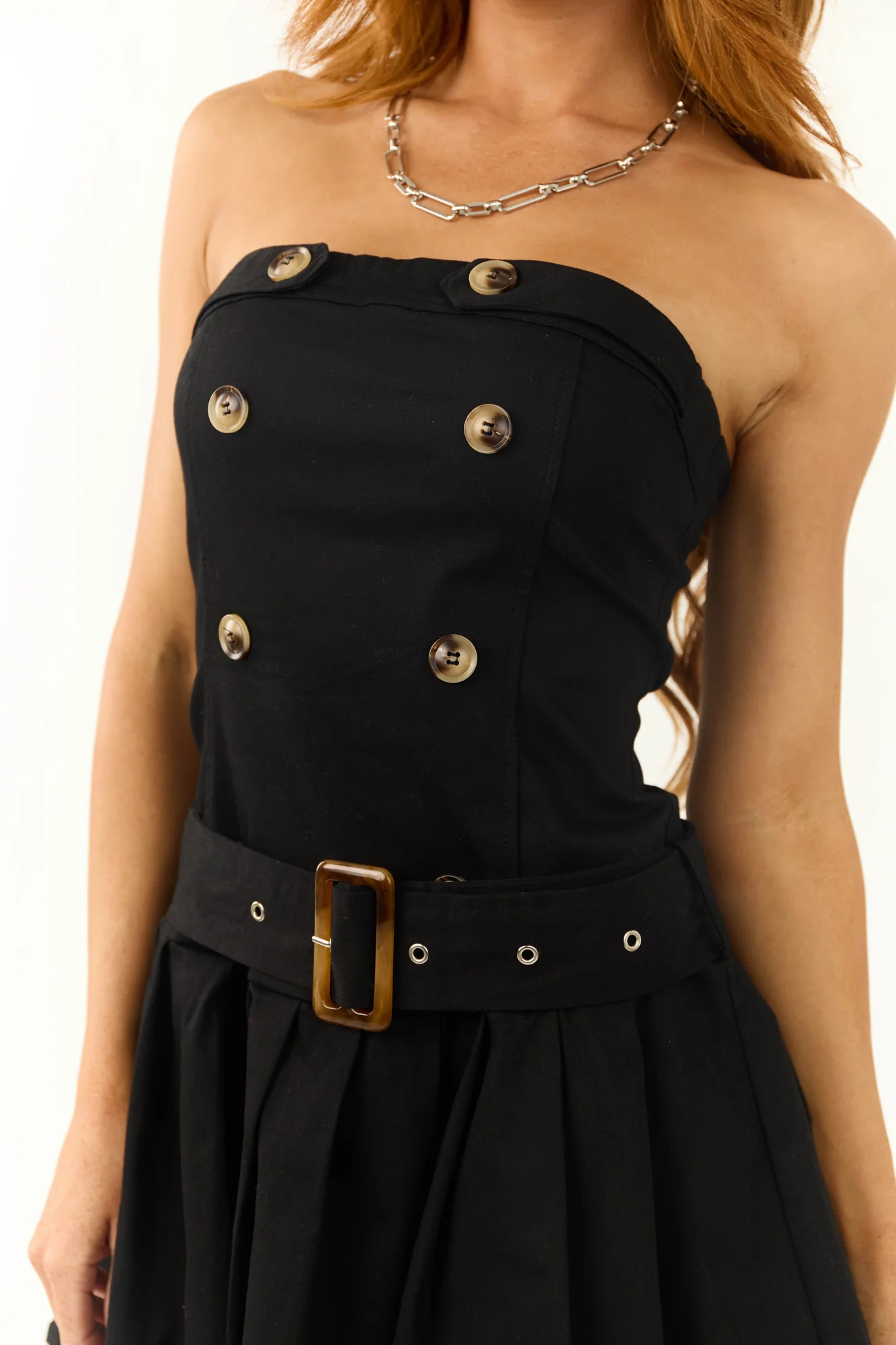 Pleated Black Mini Dress with Belt Detail for Women