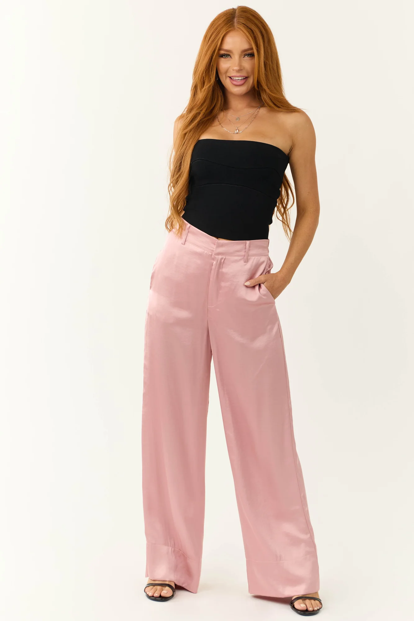Pink Satin Wide Leg Pants with High Waist