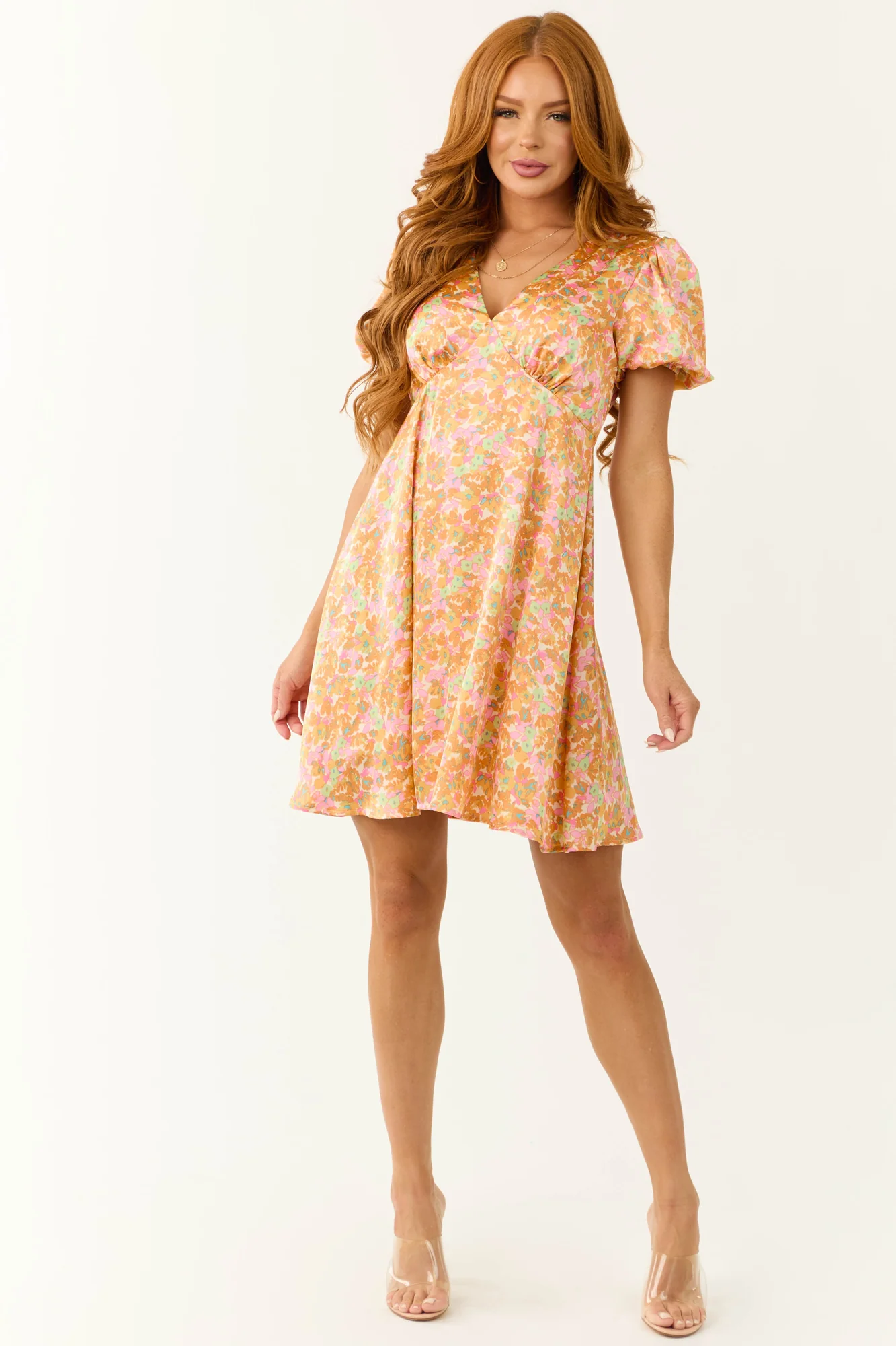 Satin Floral Print Empire Waist Short Dress - Sage, Baby Pink, Sapphire, Mango