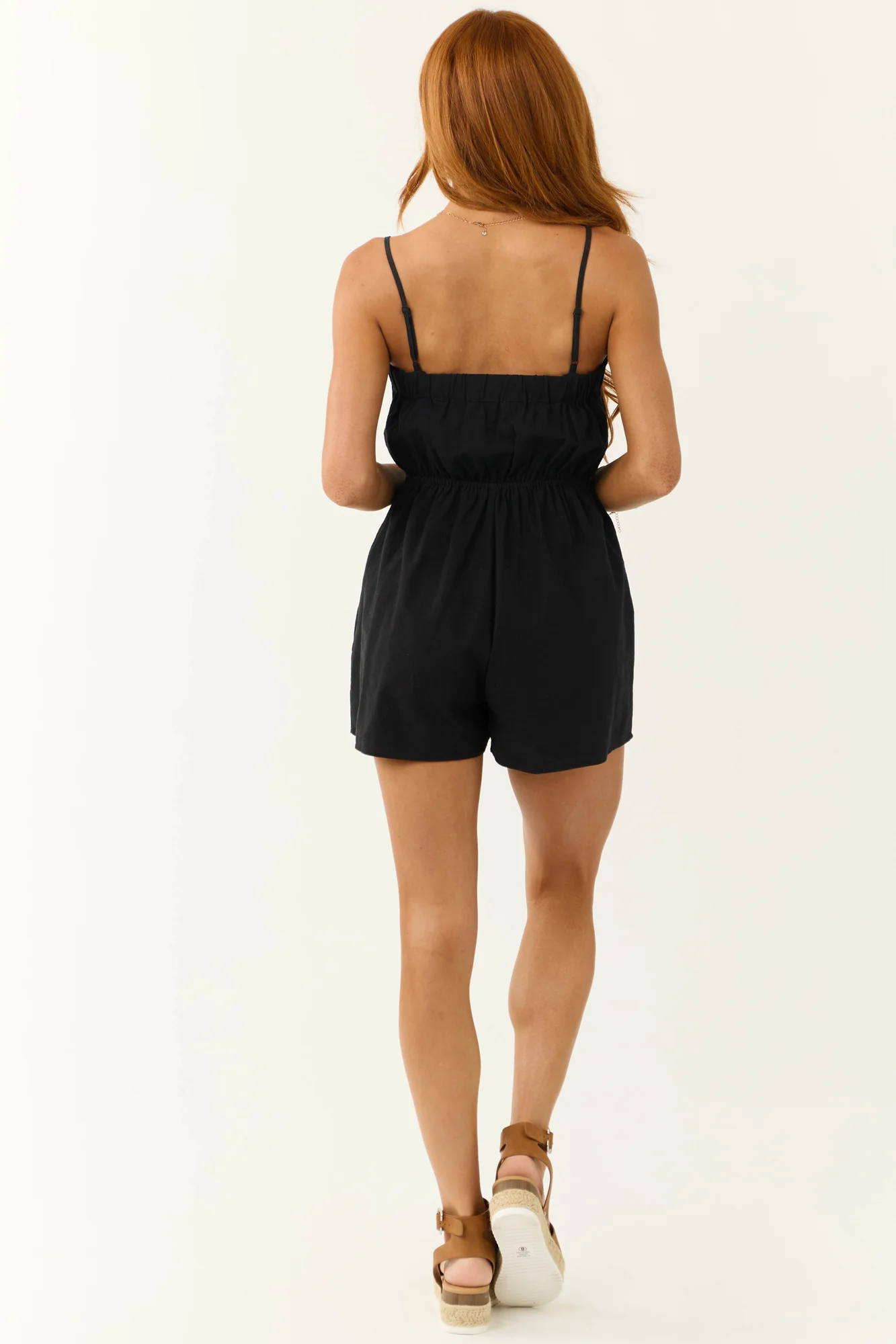 Black Cargo Style Sleeveless Romper with Button Details