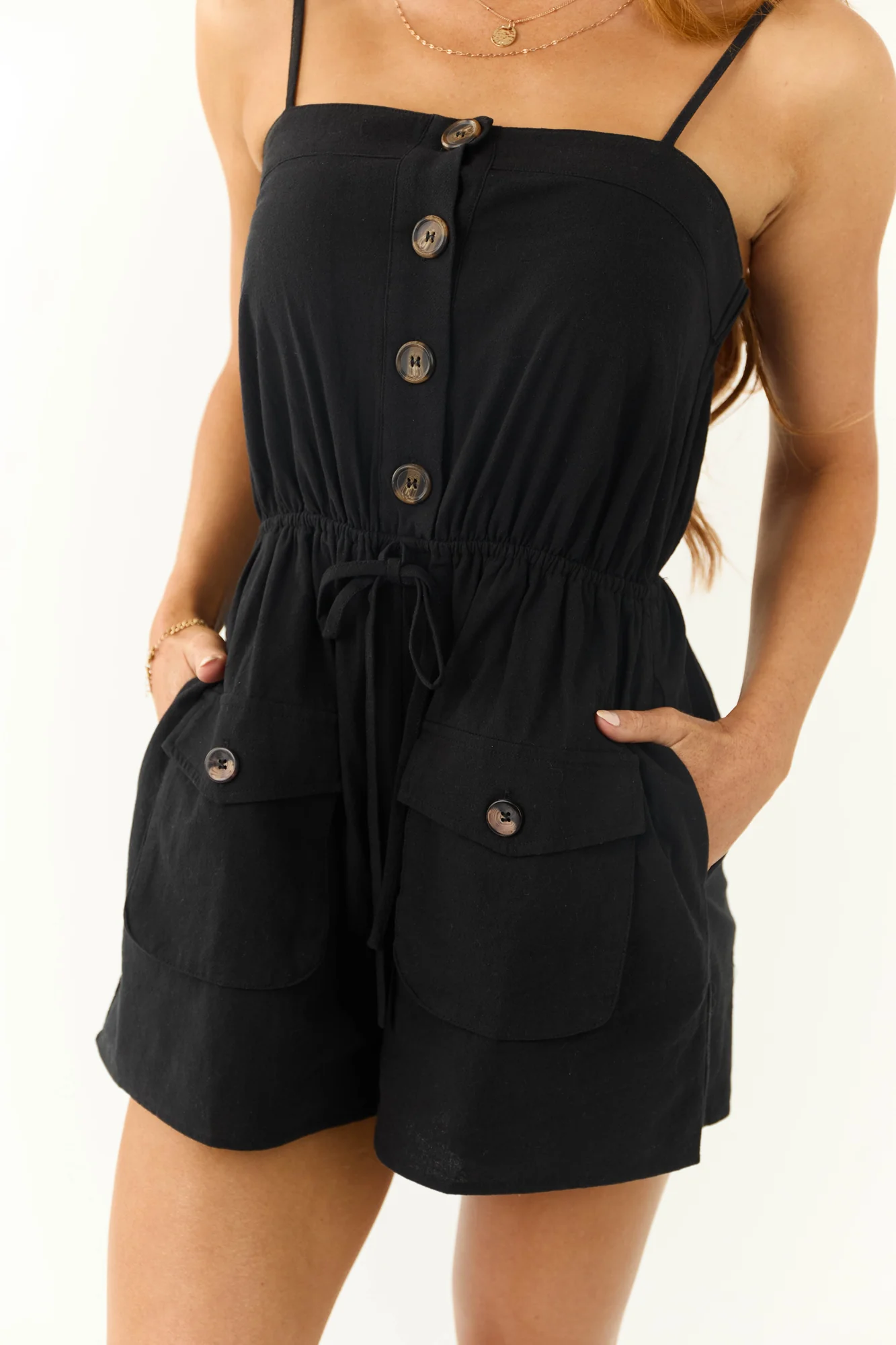 Black Cargo Style Sleeveless Romper with Button Details