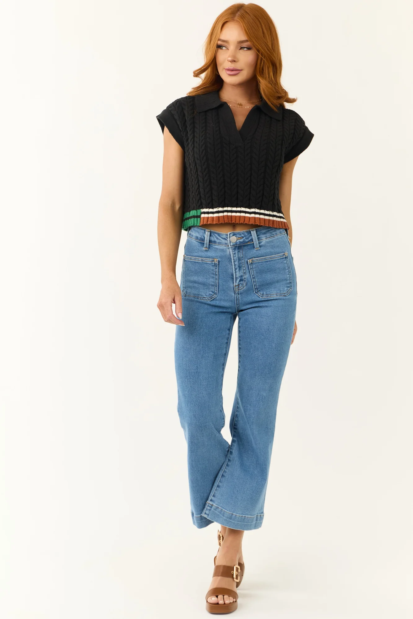 Black Cable Knit Cropped Sweater Top
