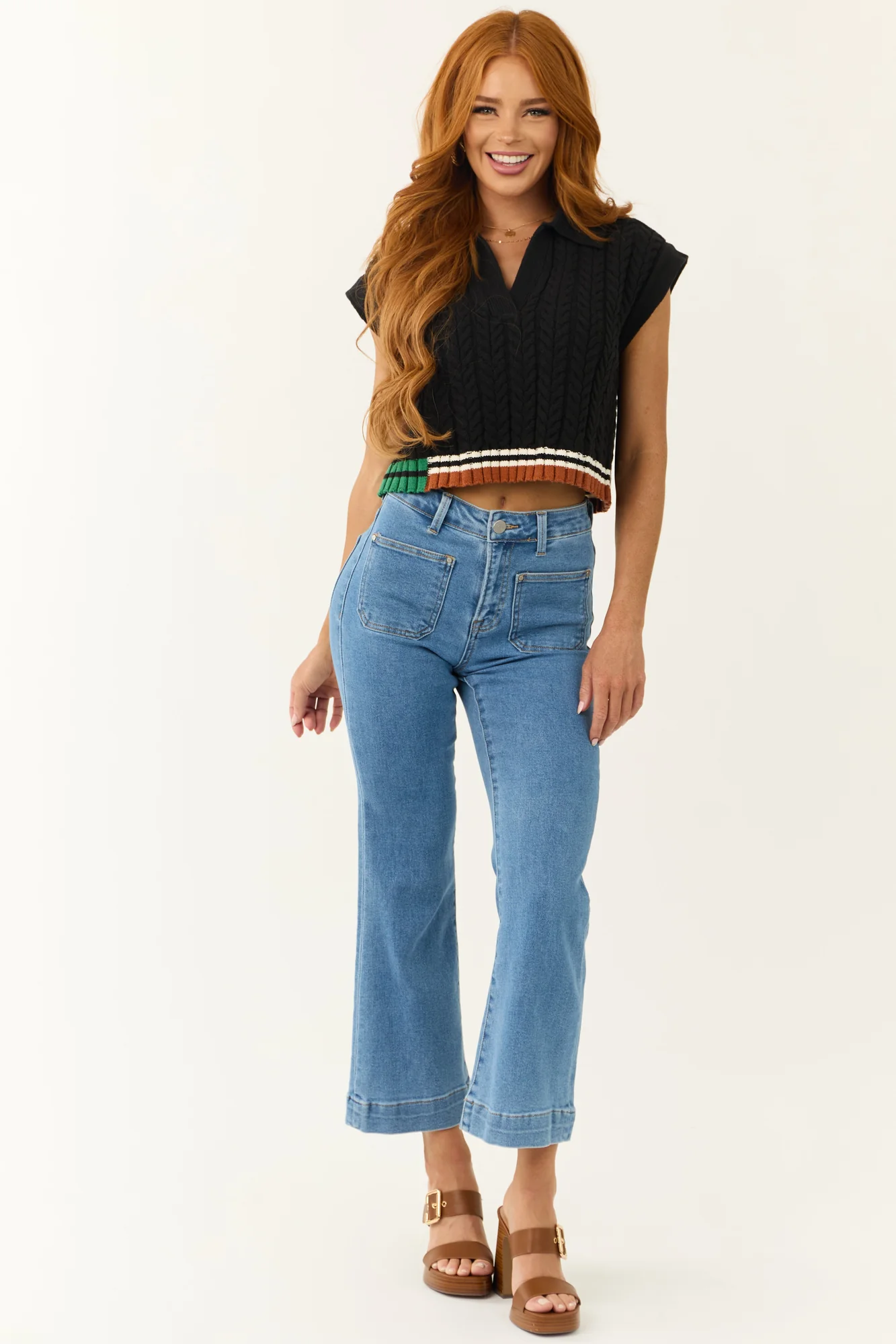 Black Cable Knit Cropped Sweater Top