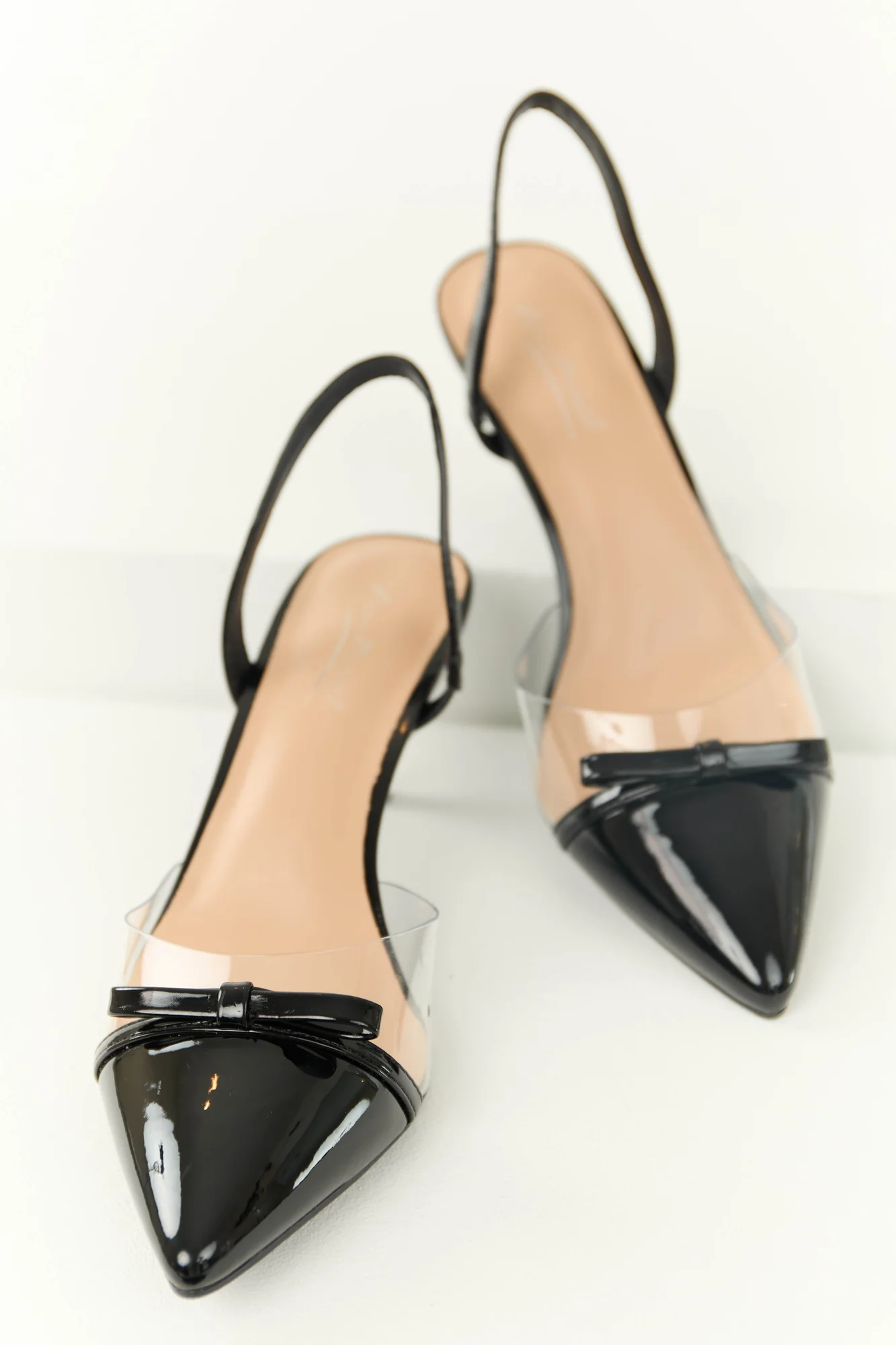 Black Patent Pointed Toe Slingback Heels with Bow