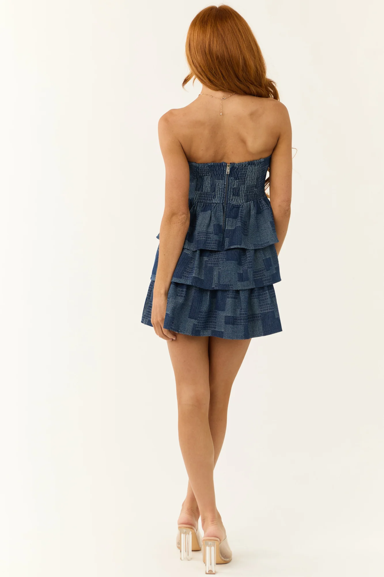 Powder Blue Denim Strapless Ruffle Dress