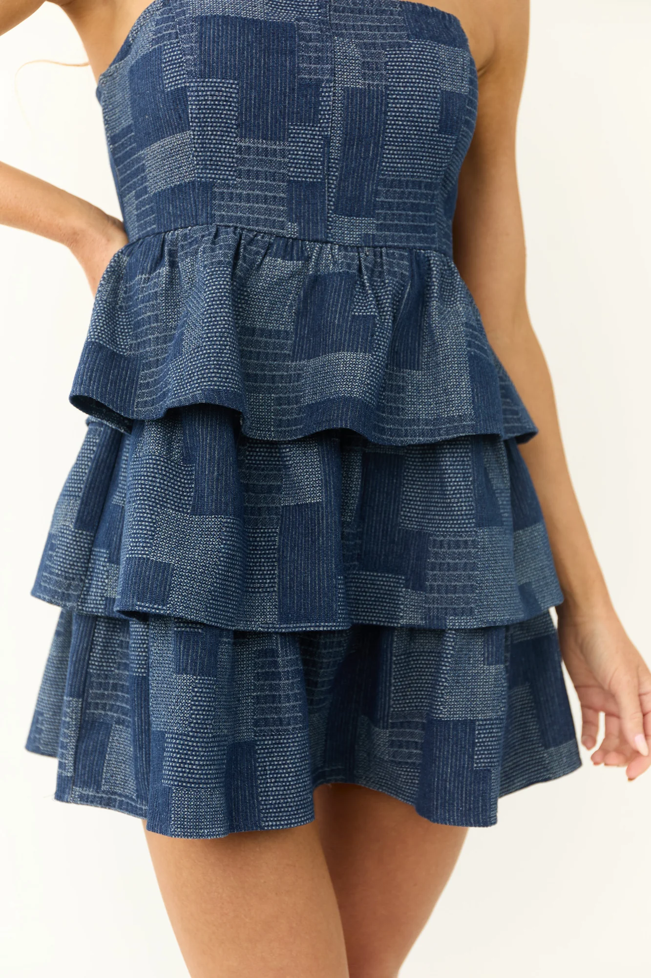 Powder Blue Denim Strapless Ruffle Dress