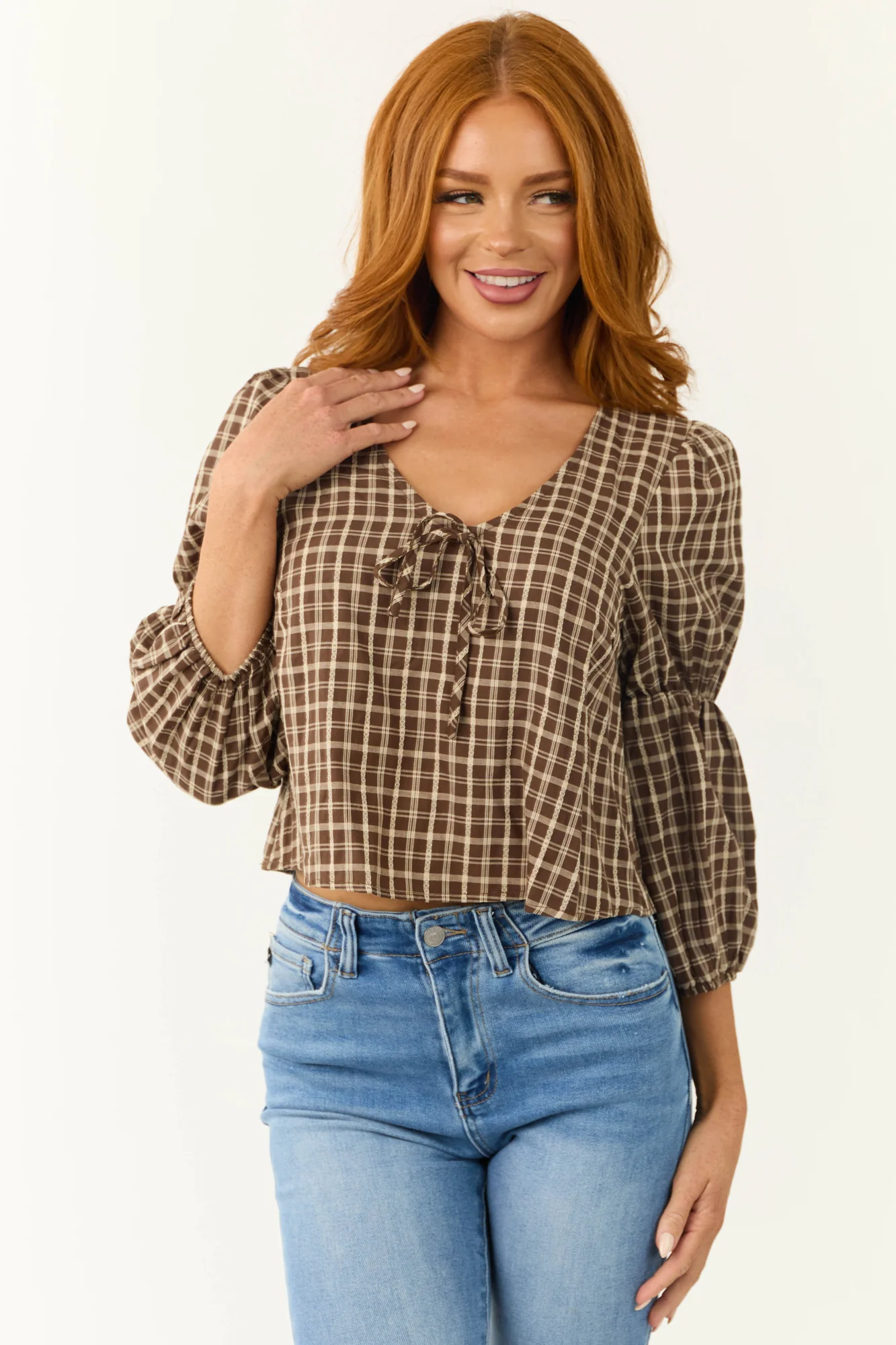 Plaid 3/4 Sleeve Walnut Cotton Top