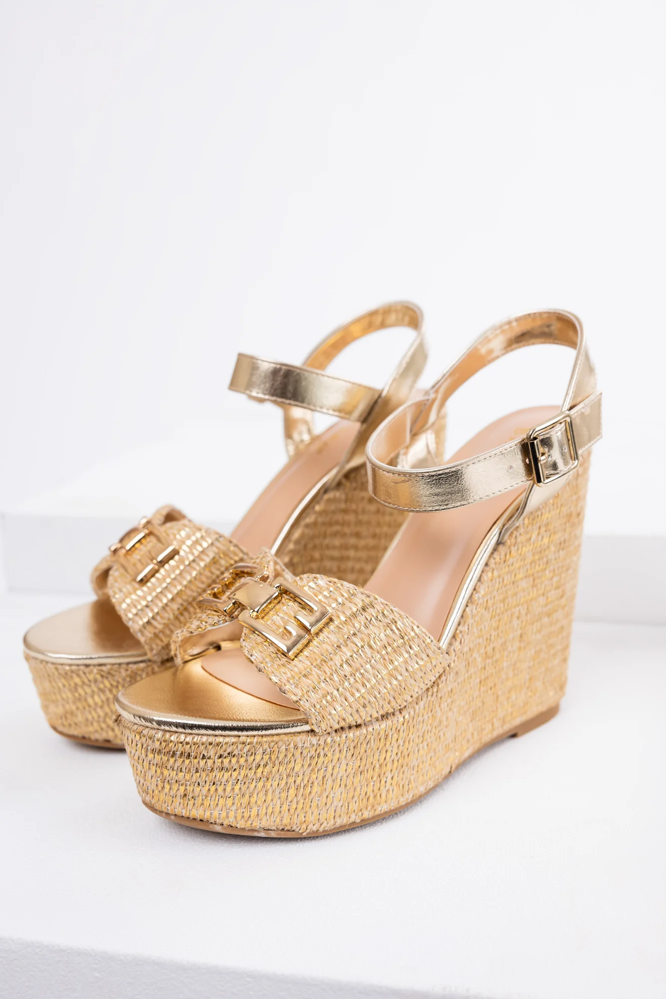 Woven Espadrille Wedge Heels in Gold - Adjustable Ankle Strap