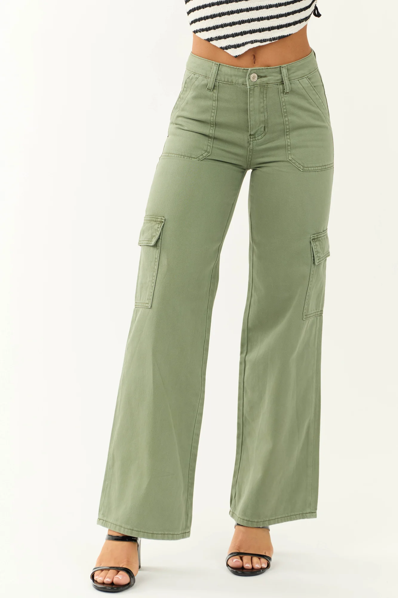 Green Wide Leg Cargo Cotton Jeans - High Rise Comfort Fit
