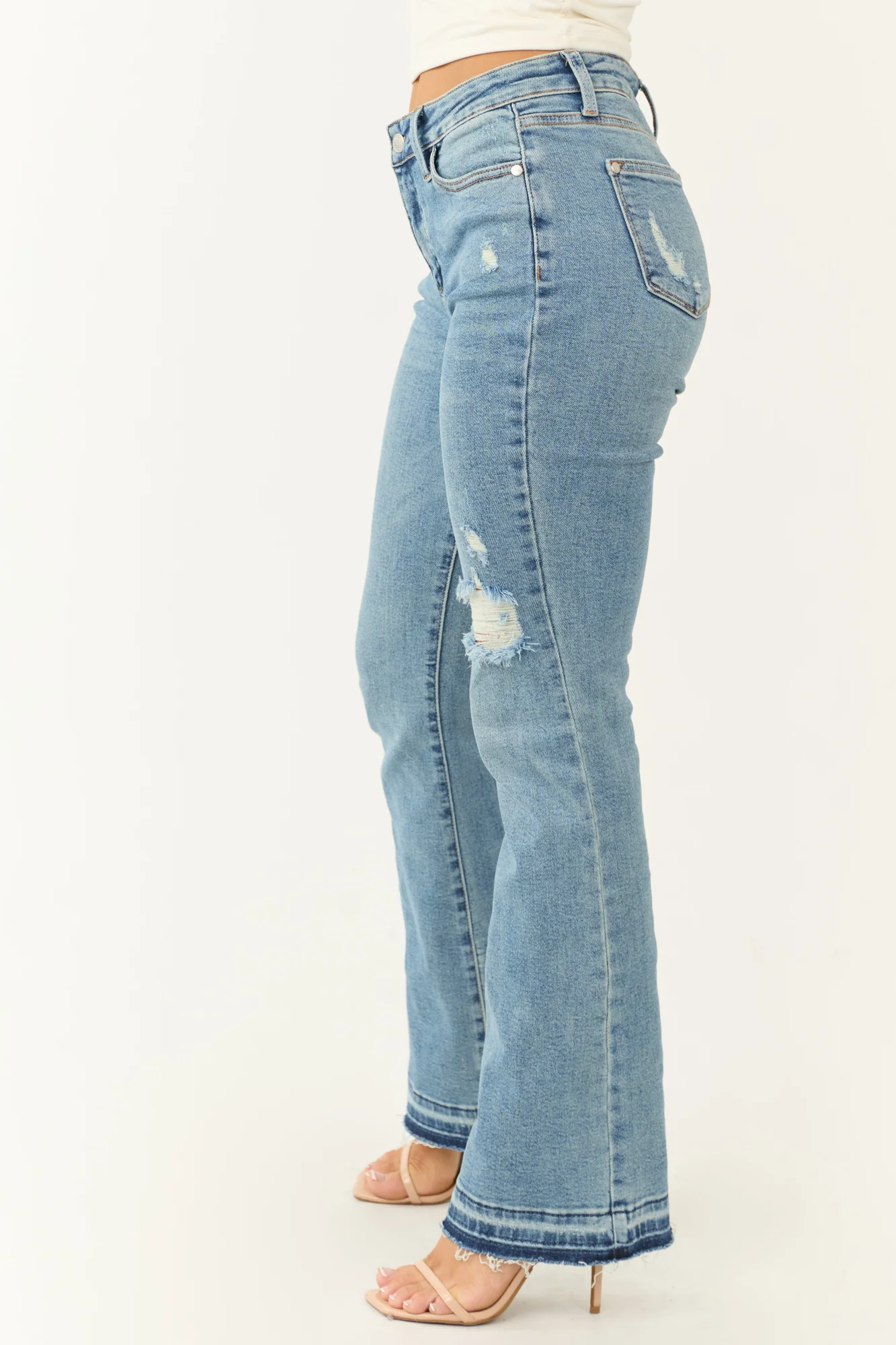 Medium Wash High Rise Bootcut Jeans with Distressing