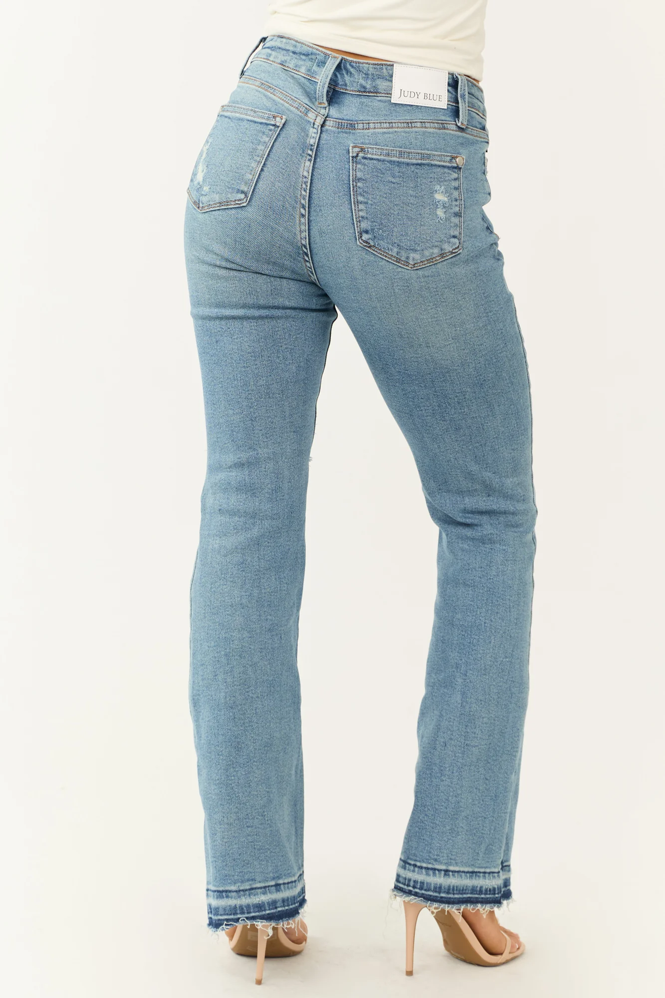 Medium Wash High Rise Bootcut Jeans with Distressing