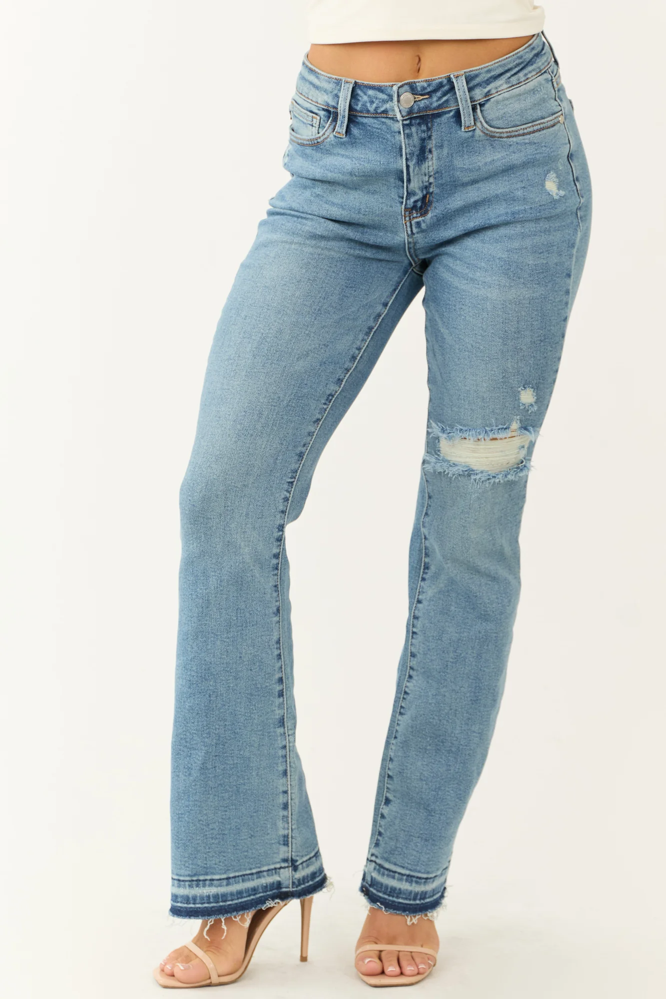 Medium Wash High Rise Bootcut Jeans with Distressing