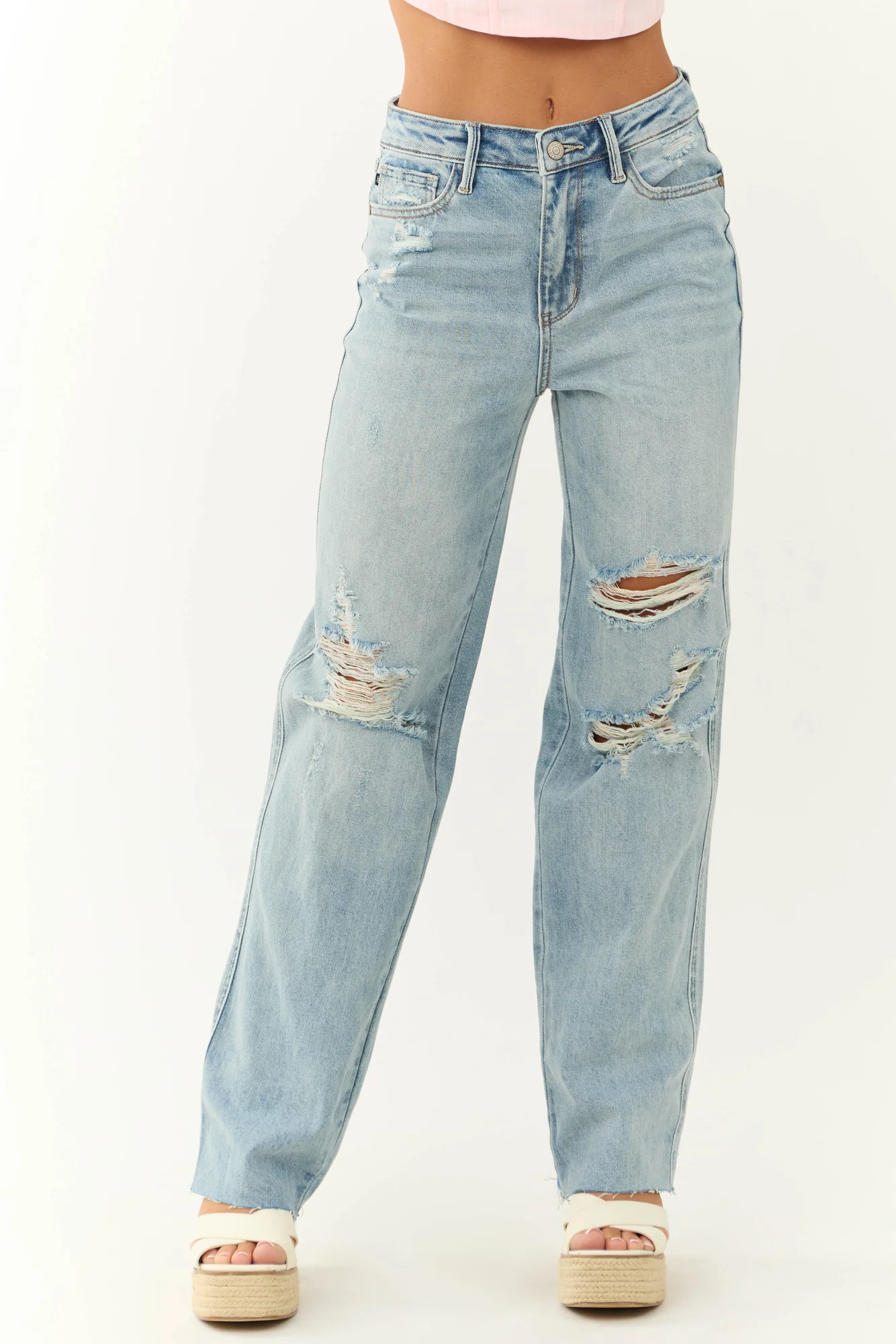 Medium Wash 90s Style Straight Jeans with Distressed Detailing