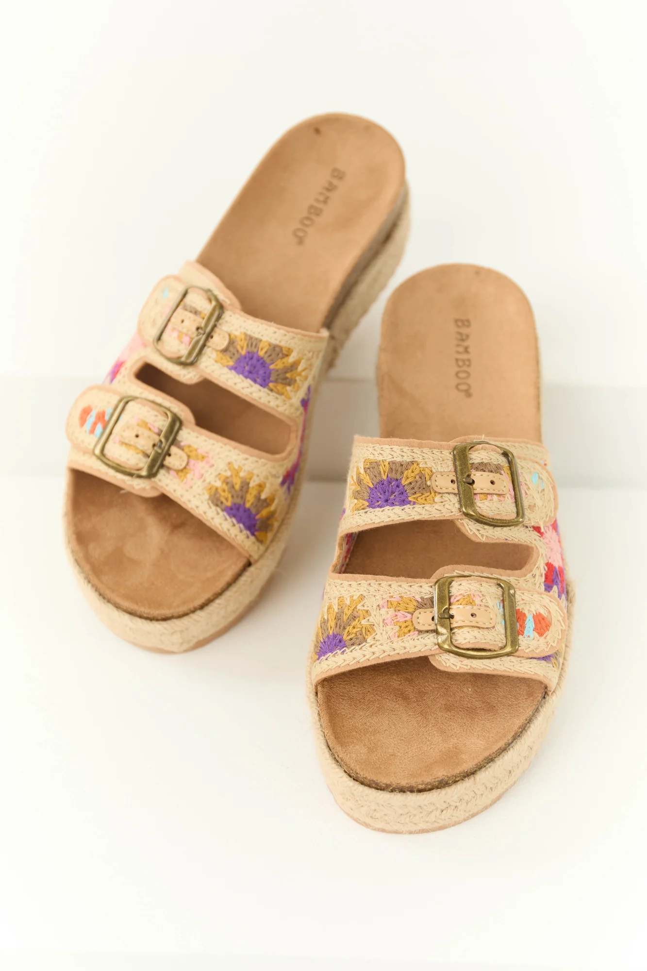 Beige Embroidered Platform Sandal with Gold Buckles