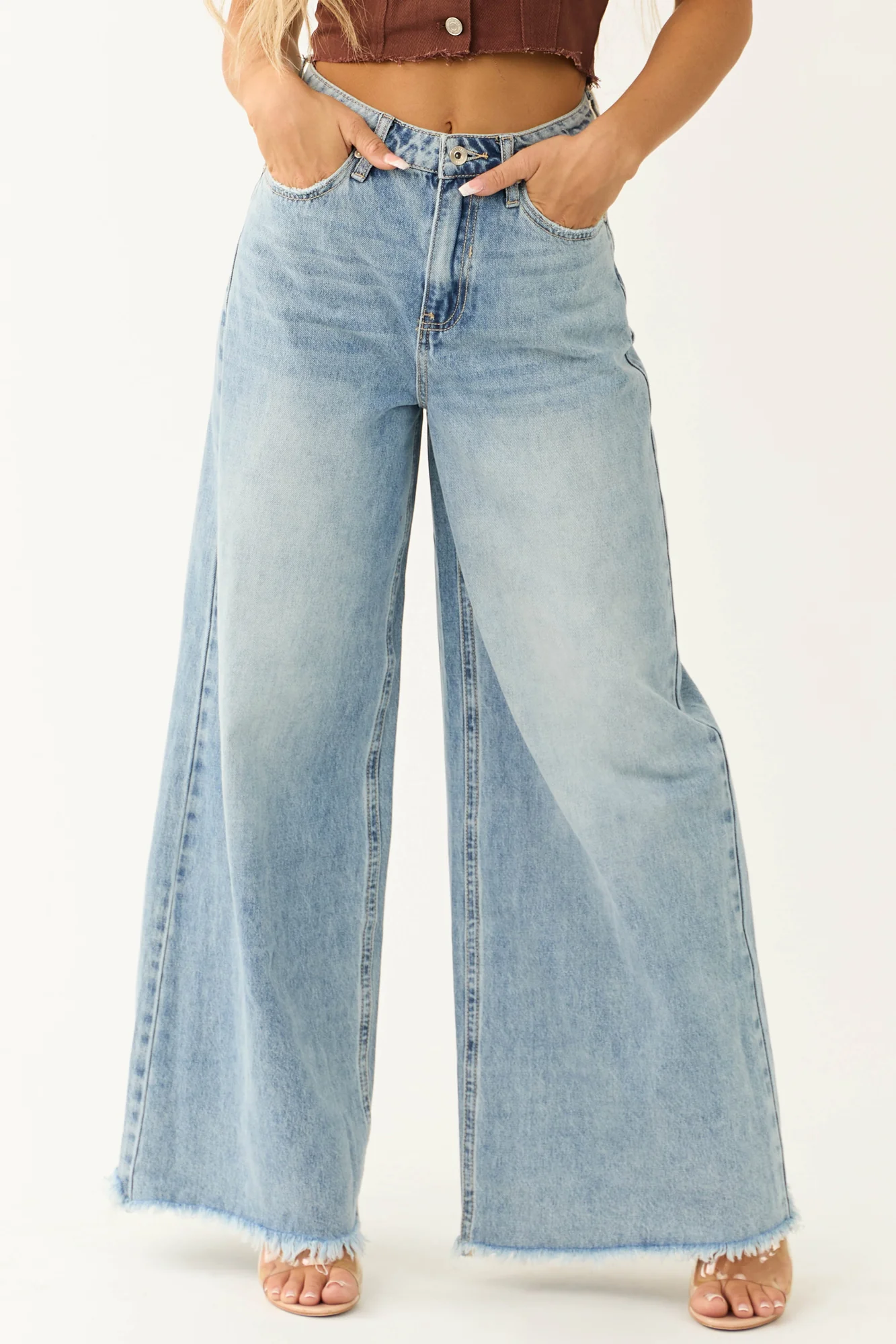 Medium Wash Wide Leg Jeans Womens Casual Denim Pants