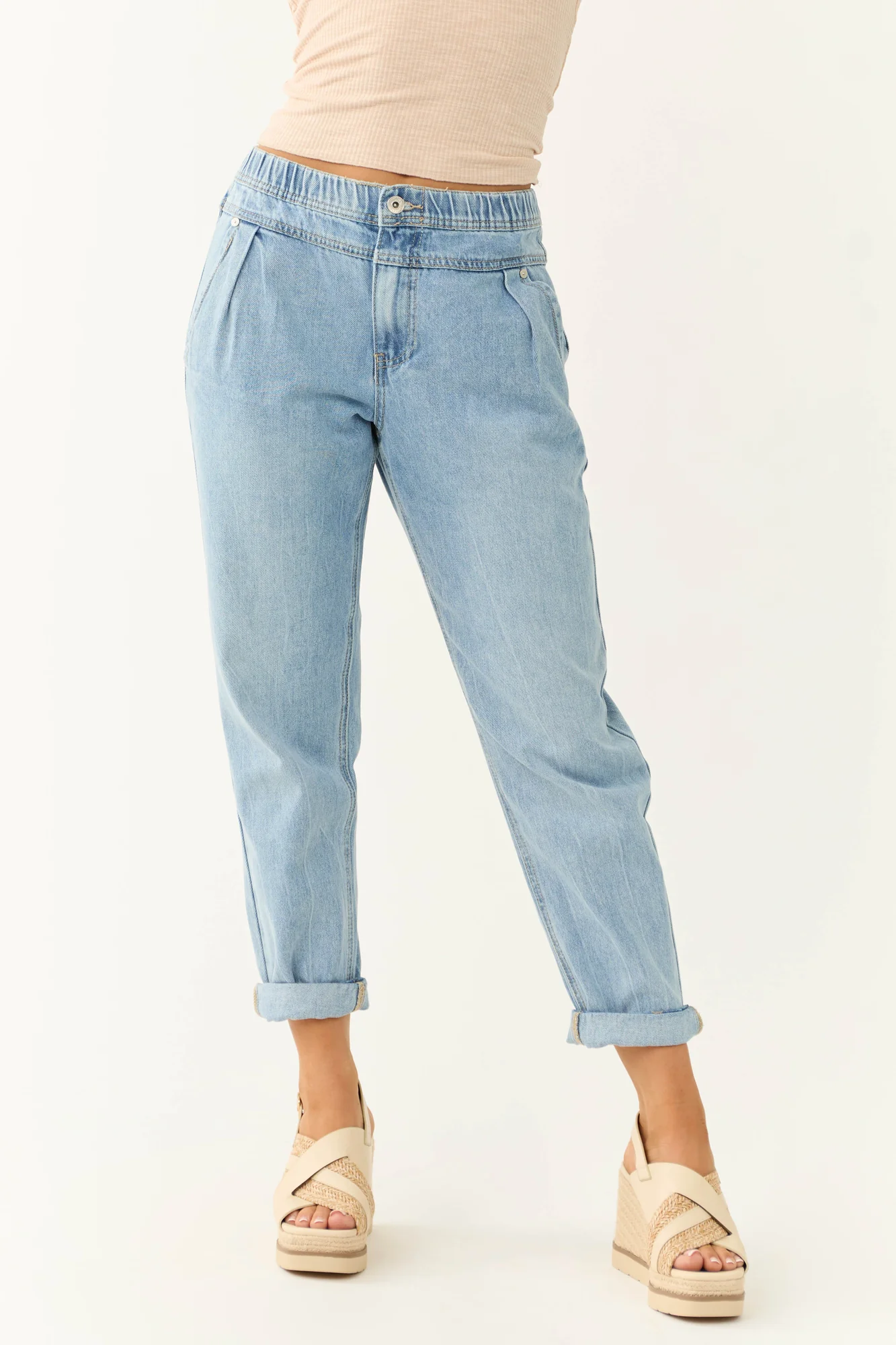 High-Rise Medium Wash Elastic Waist Trouser Jeans