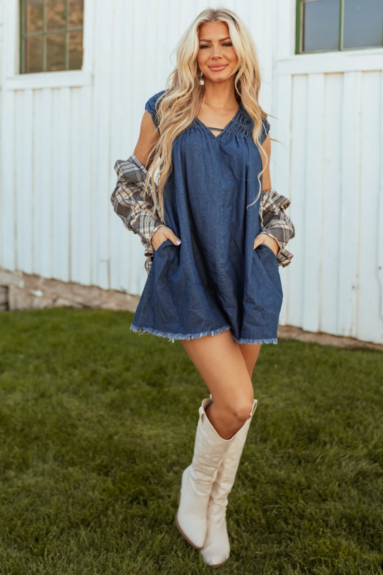 Blue Denim V Neck Mini Dress with Elastic Ruched Shoulders