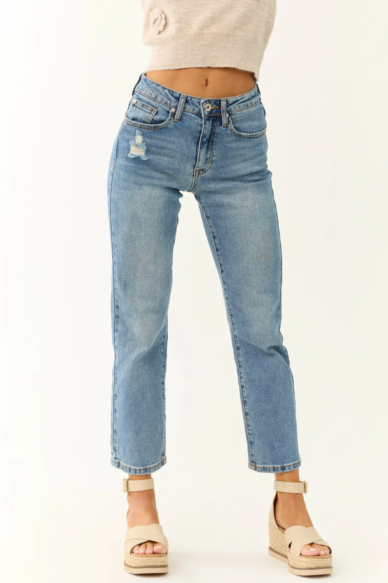 Medium Wash Straight Leg Ankle Jeans High Rise Distressed
