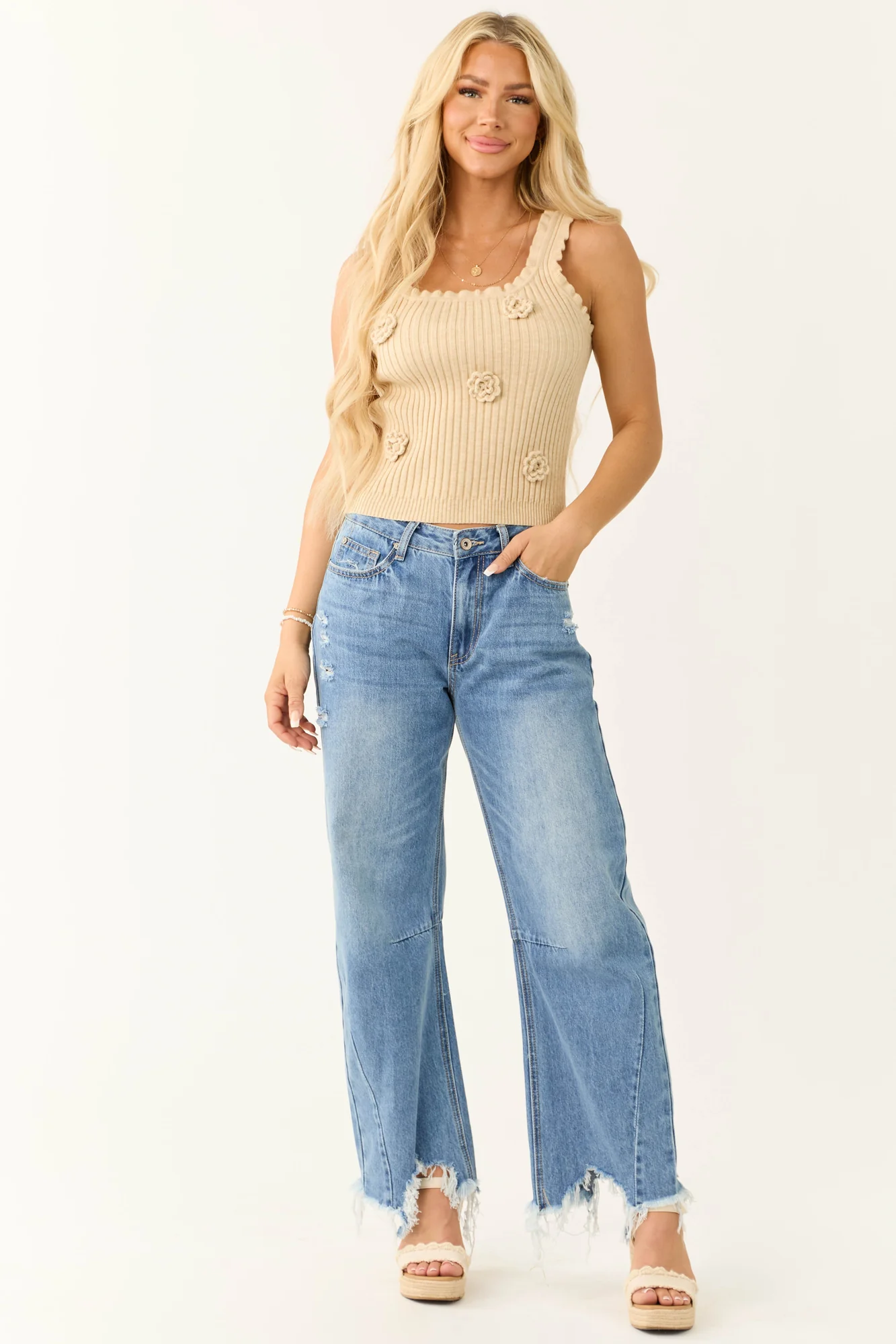 Beige Floral Sleeveless Knit Tank Top