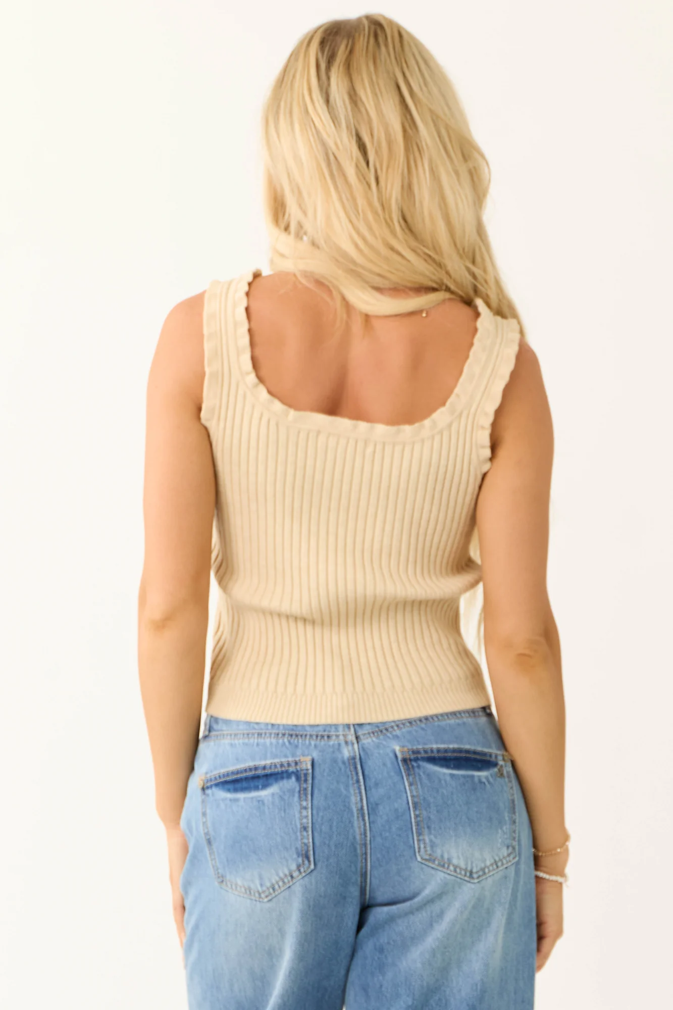 Beige Floral Sleeveless Knit Tank Top