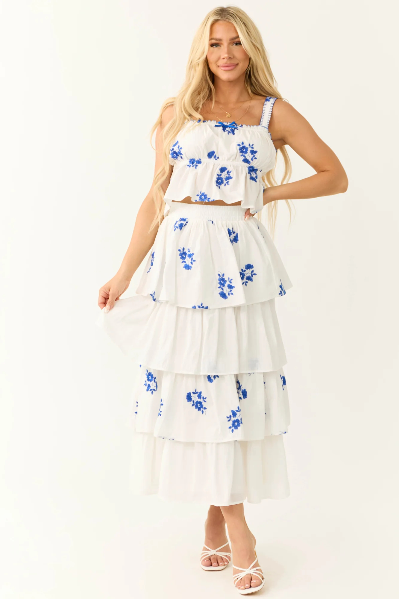 Floral Embroidered White and Cobalt Midi Skirt