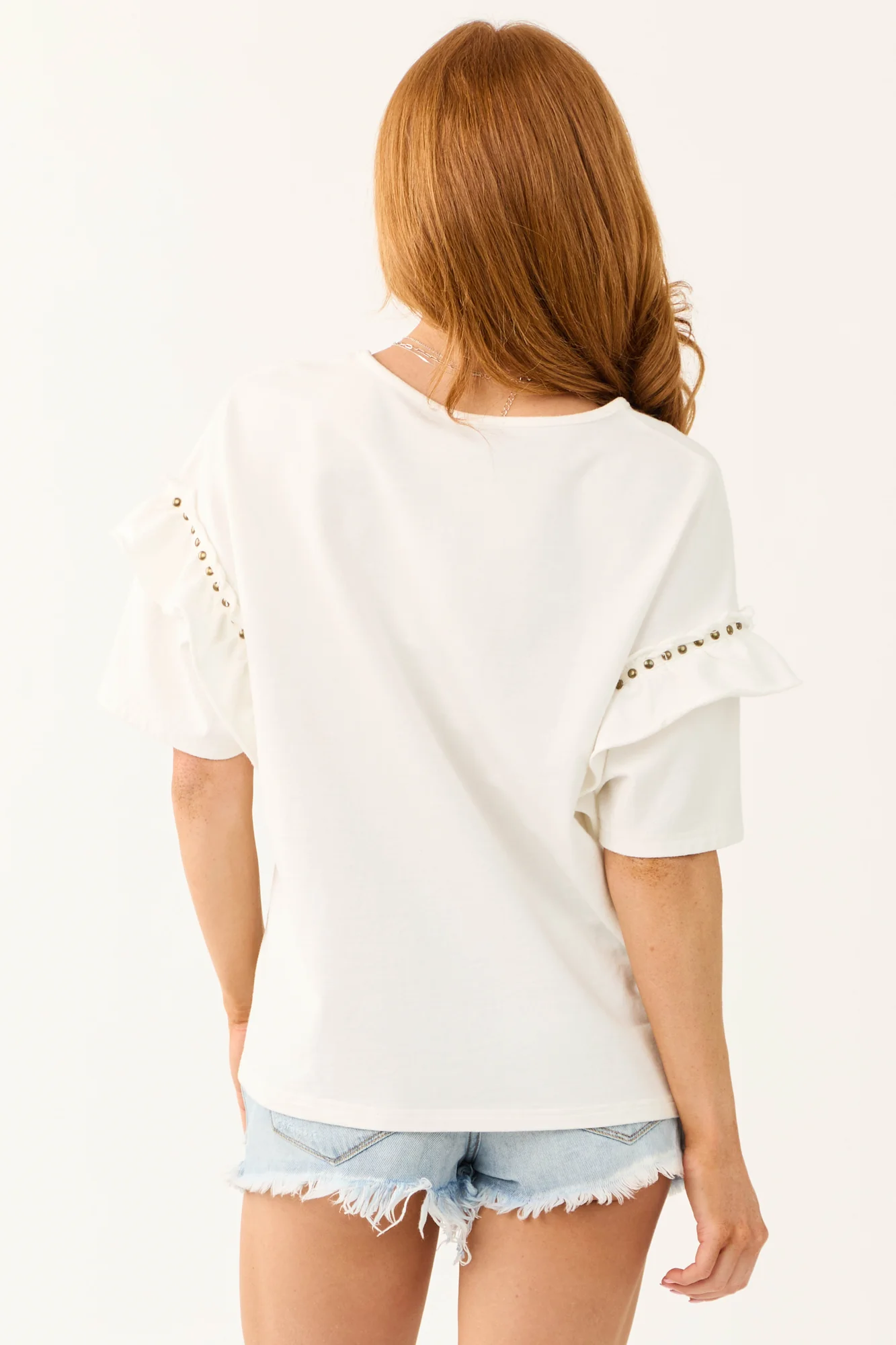 Ivory Cotton Ruffle Sleeve Top with Studded Detail