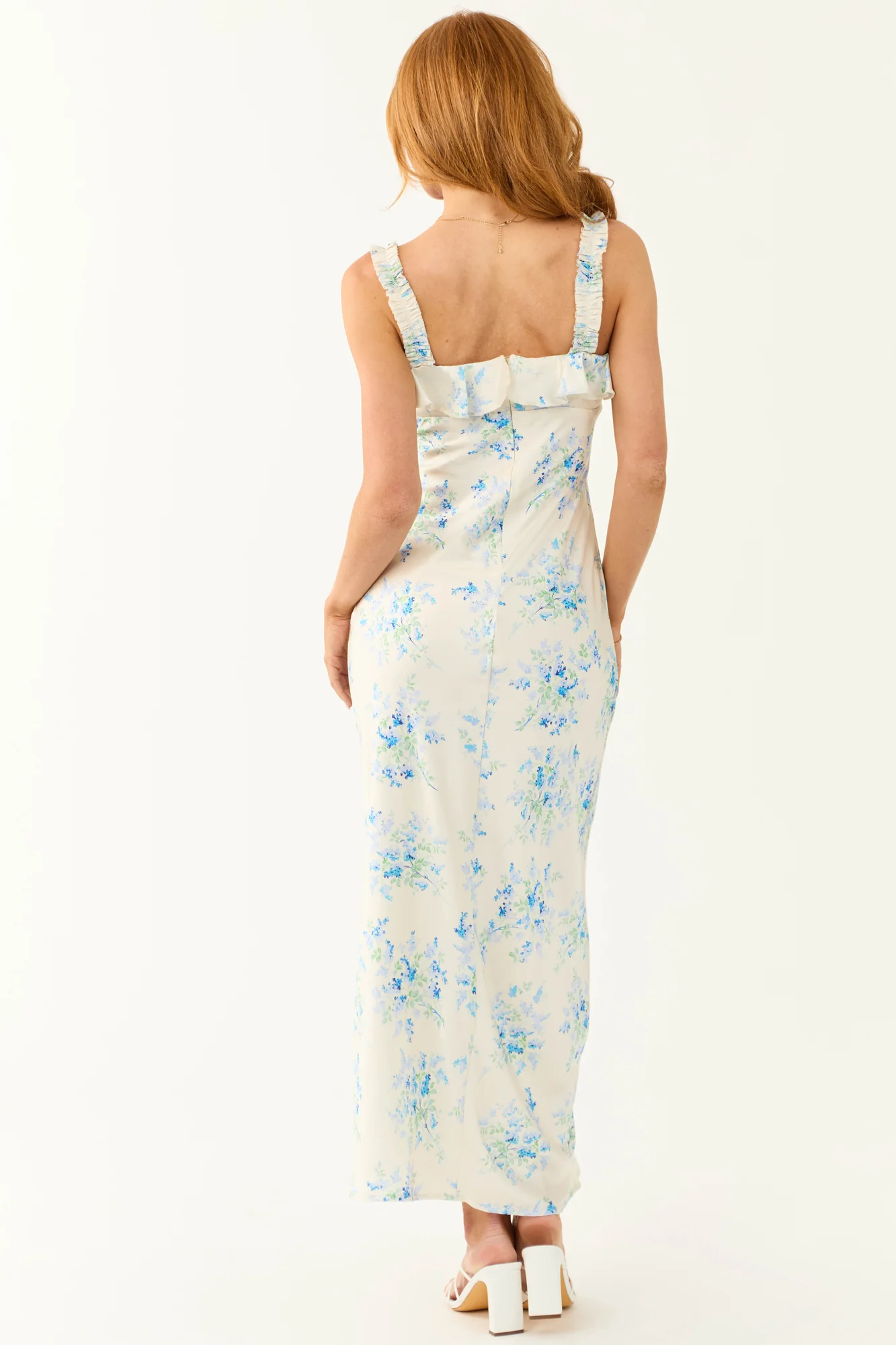 Silk Floral Print Maxi Slip Dress Cream V-Neck Sleeveless