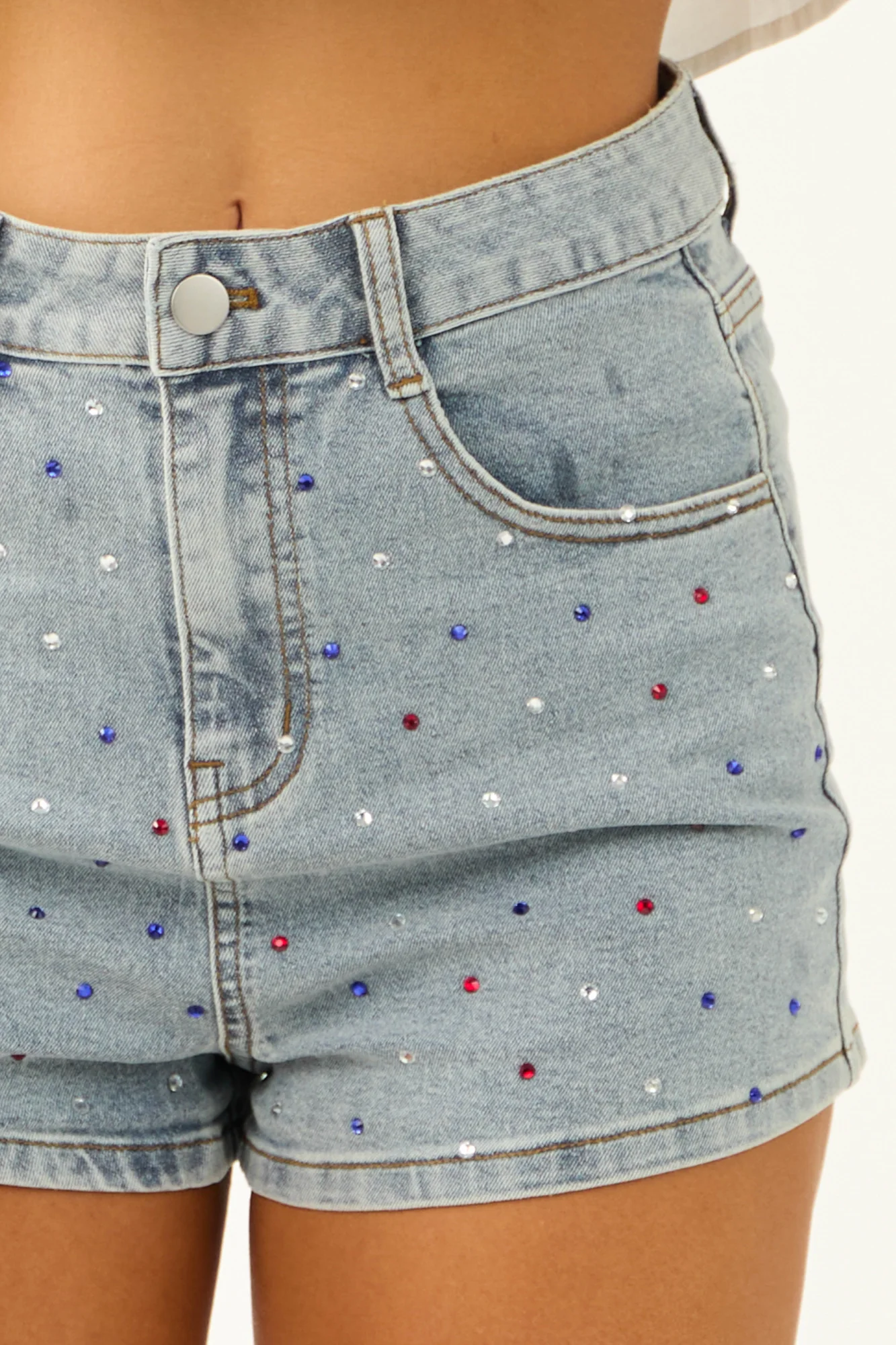Denim Rhinestone Mid Rise Womens Shorts Blue Cherokee Details