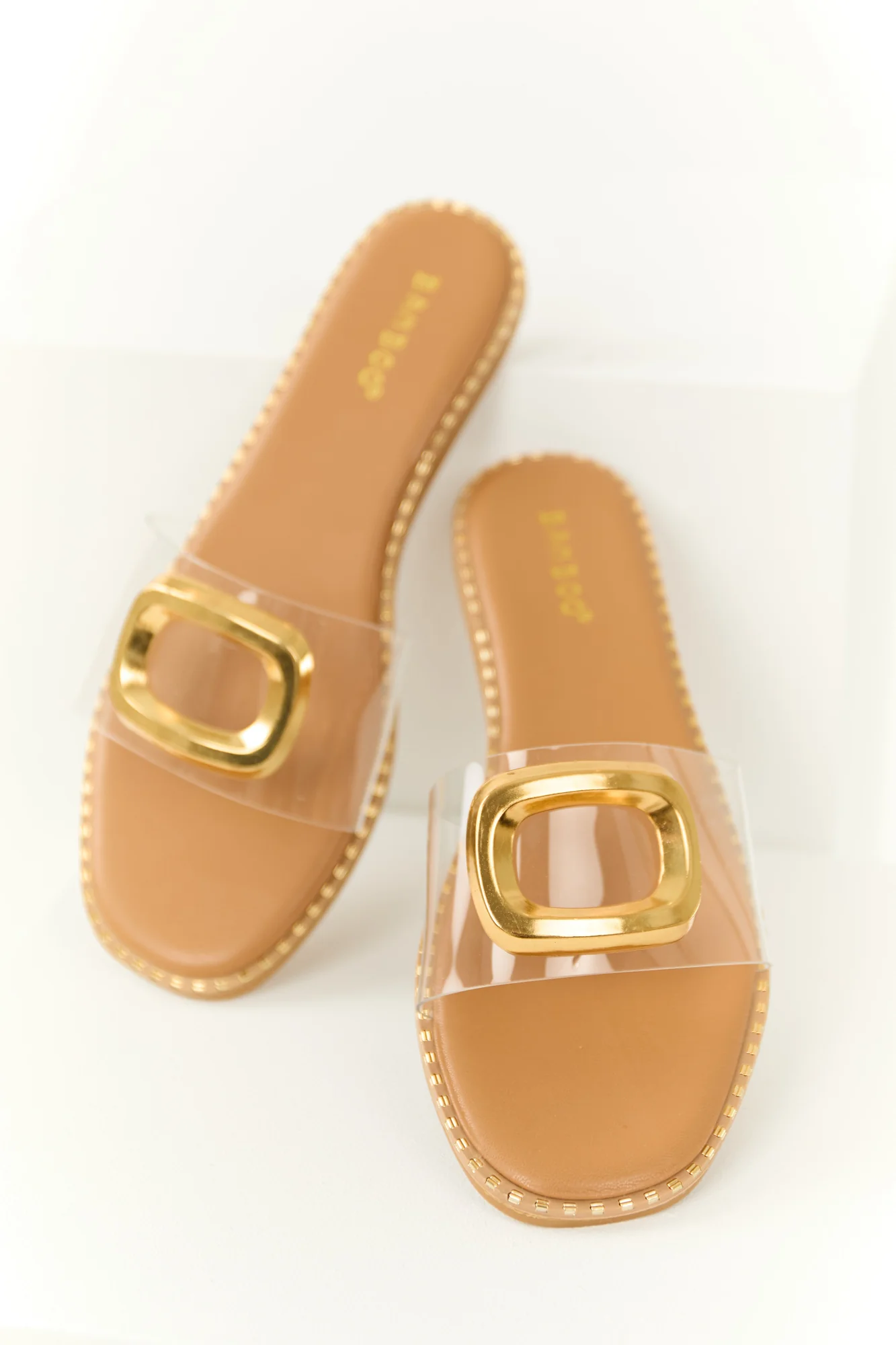 Brown Open Toe Slip-On Sandals with Gold Detailing