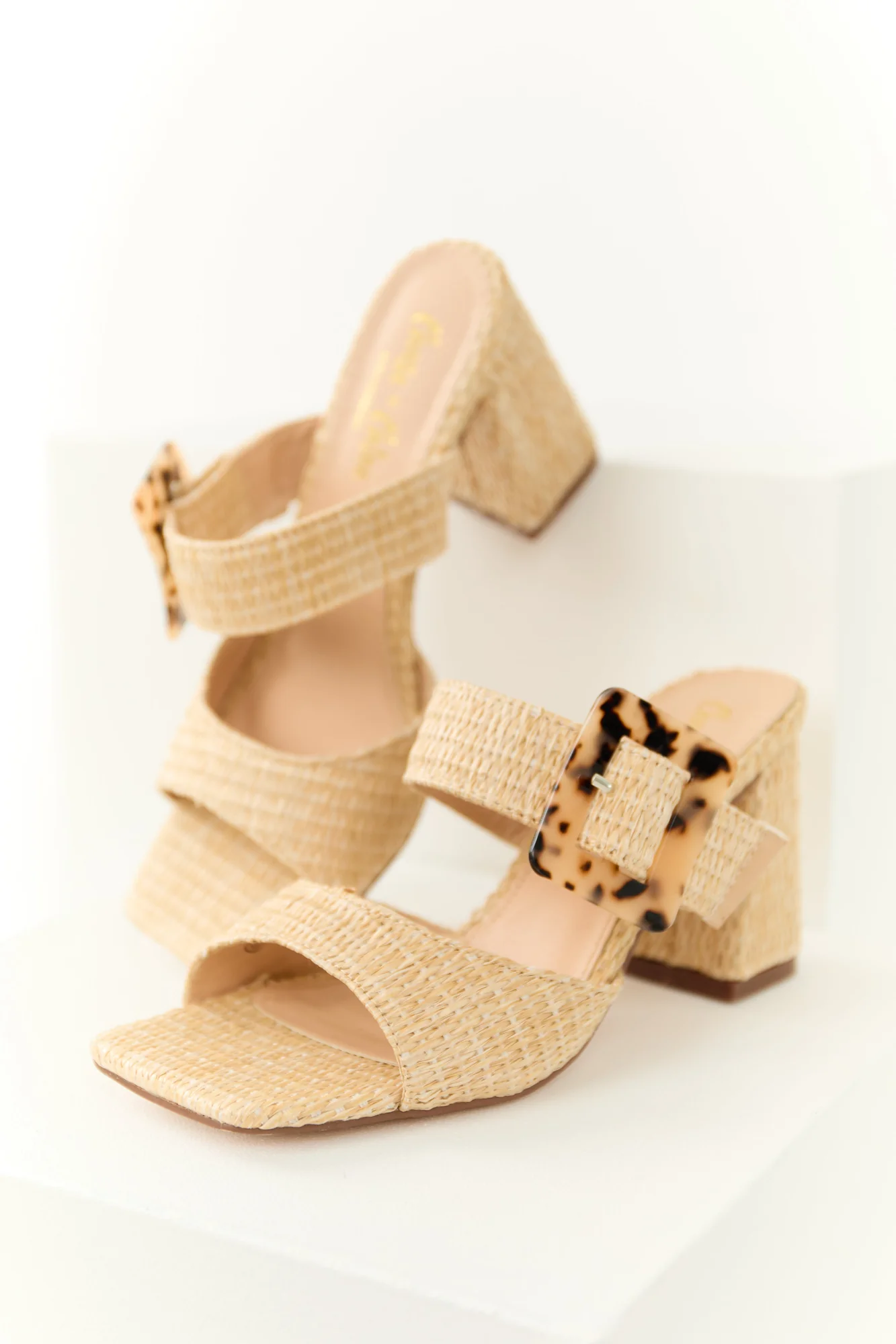Beige Woven Chunky Heel Buckle Strap Sandals