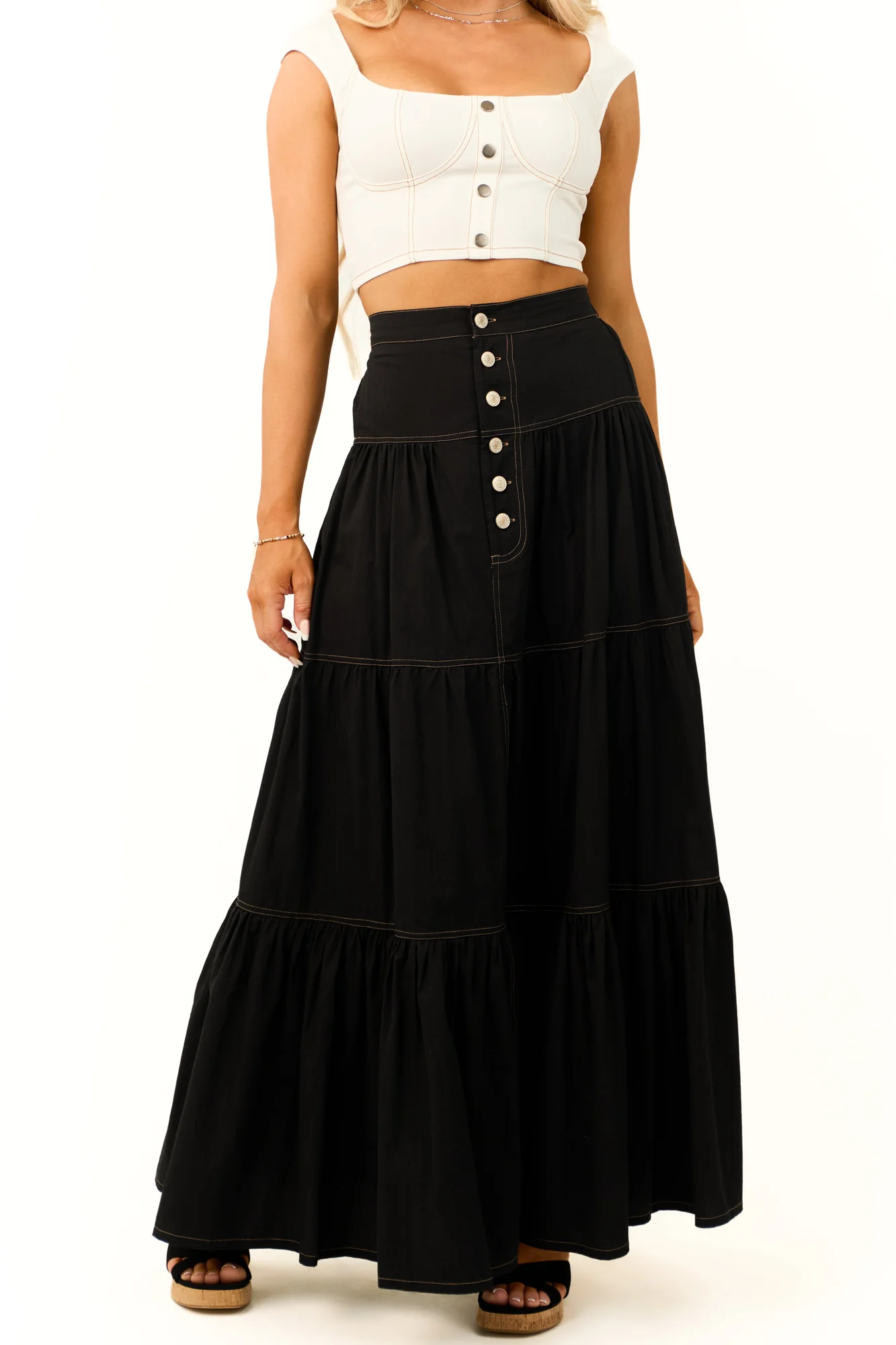 Black Cotton Buttoned Maxi Skirt