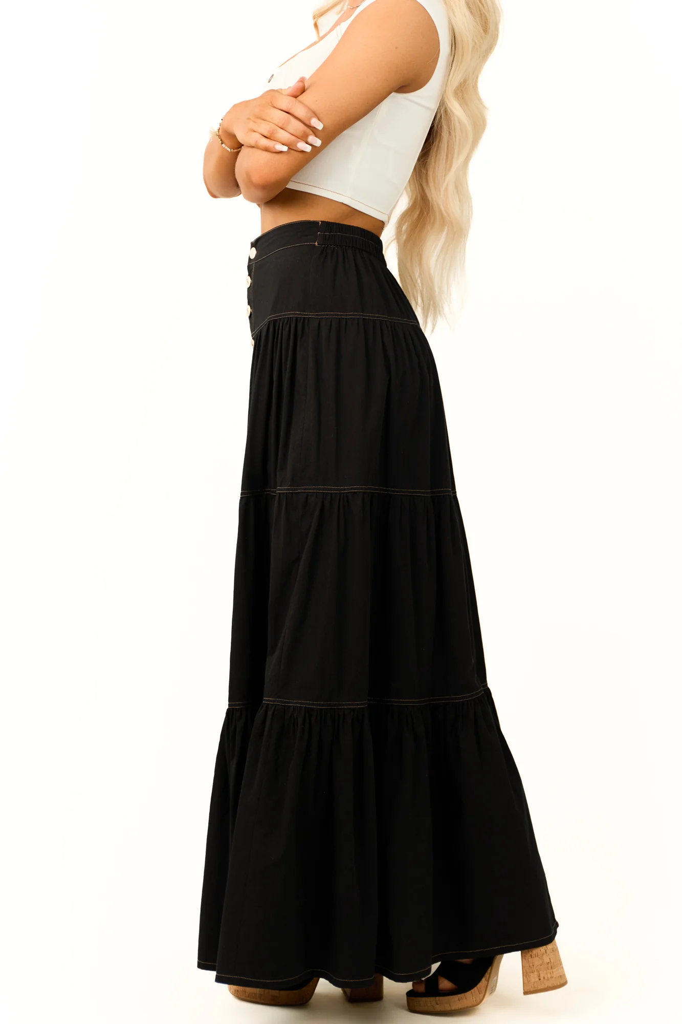 Black Cotton Buttoned Maxi Skirt