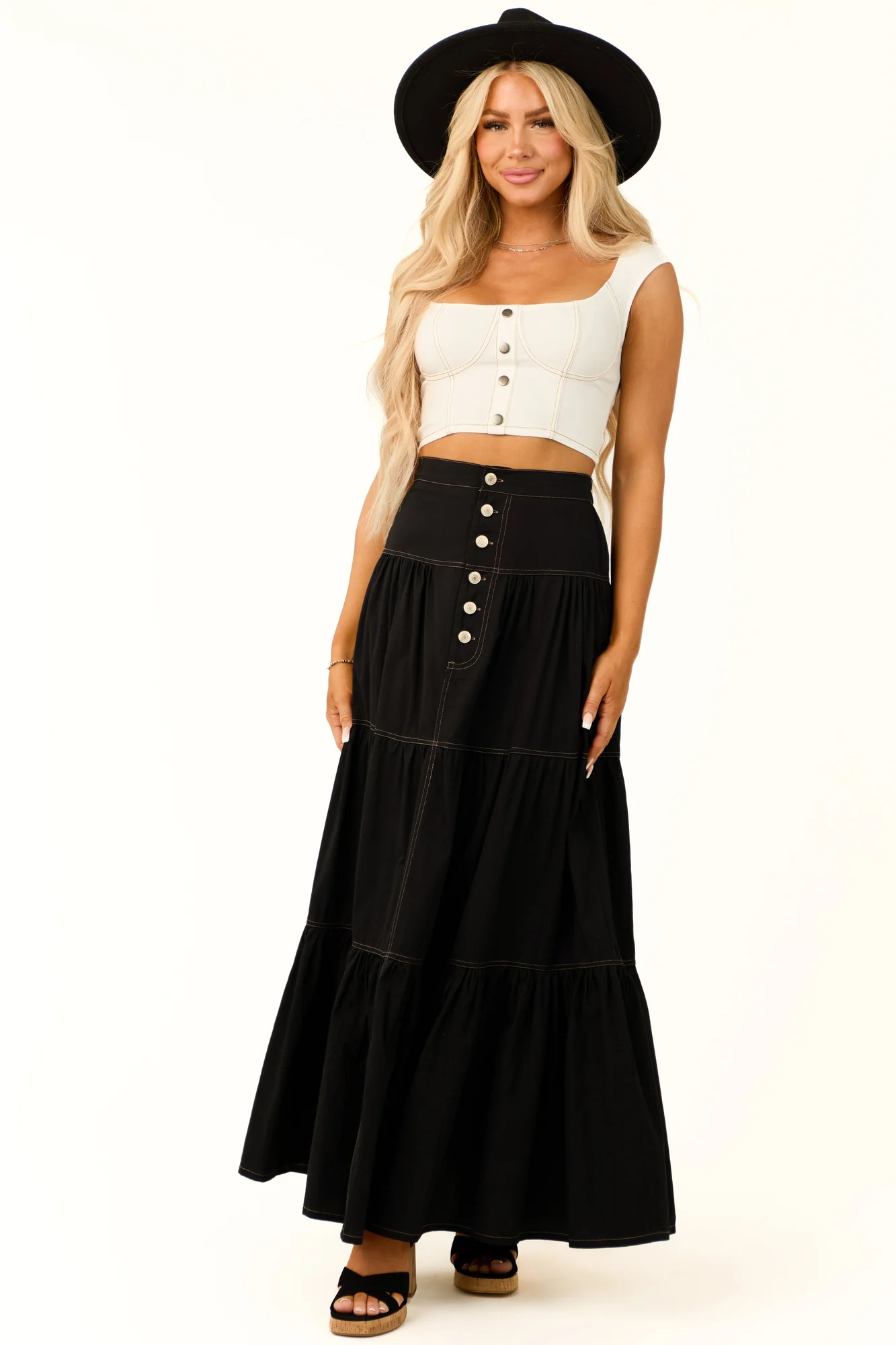 Black Cotton Buttoned Maxi Skirt