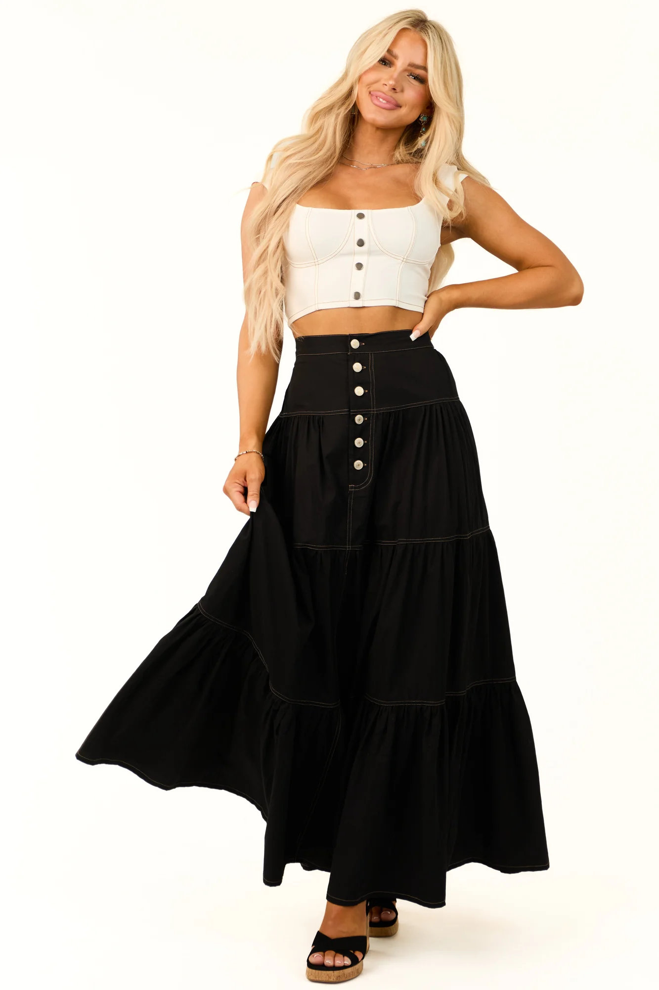 Black Cotton Buttoned Maxi Skirt