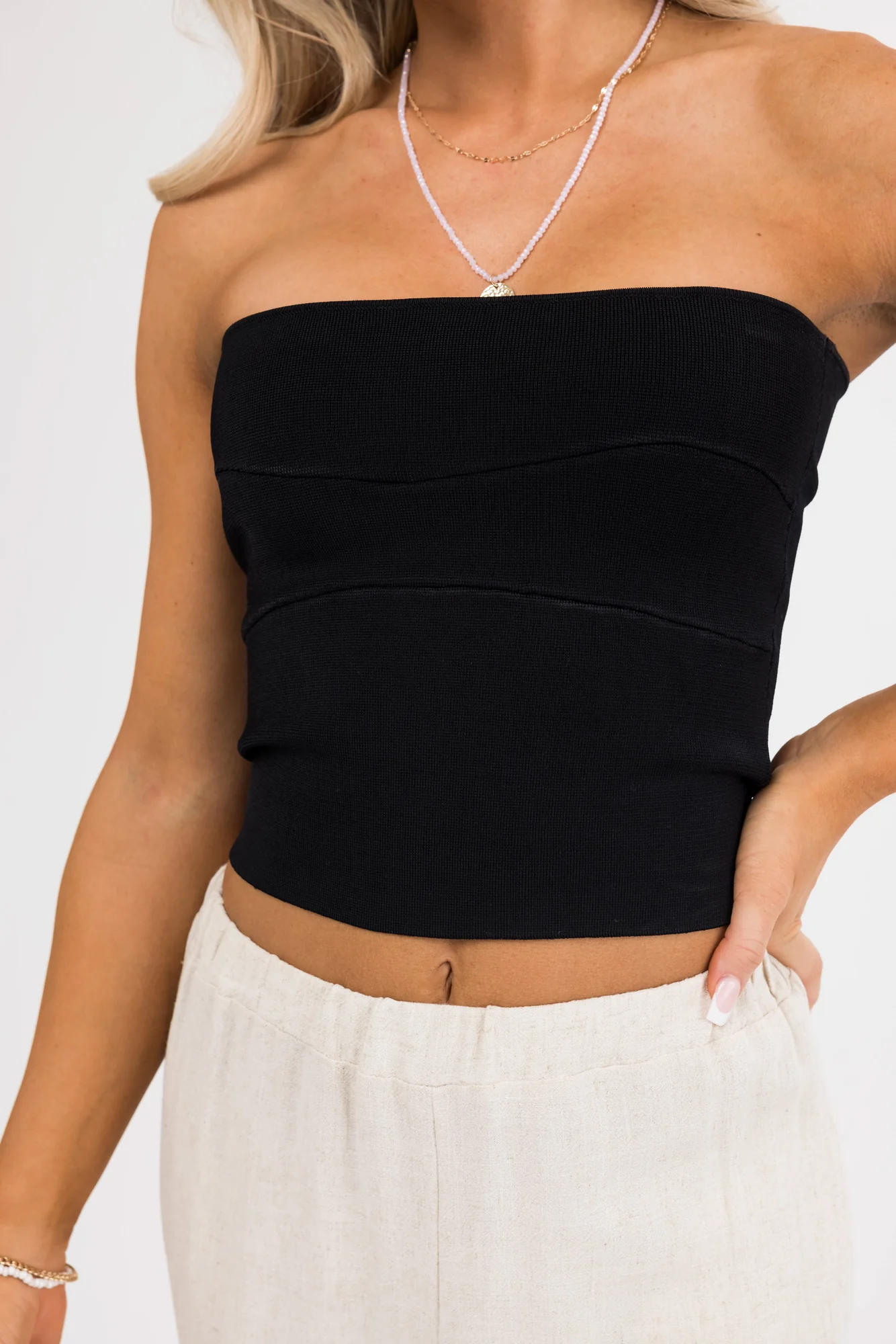 Black Stretchy Knit Strapless Tank Top
