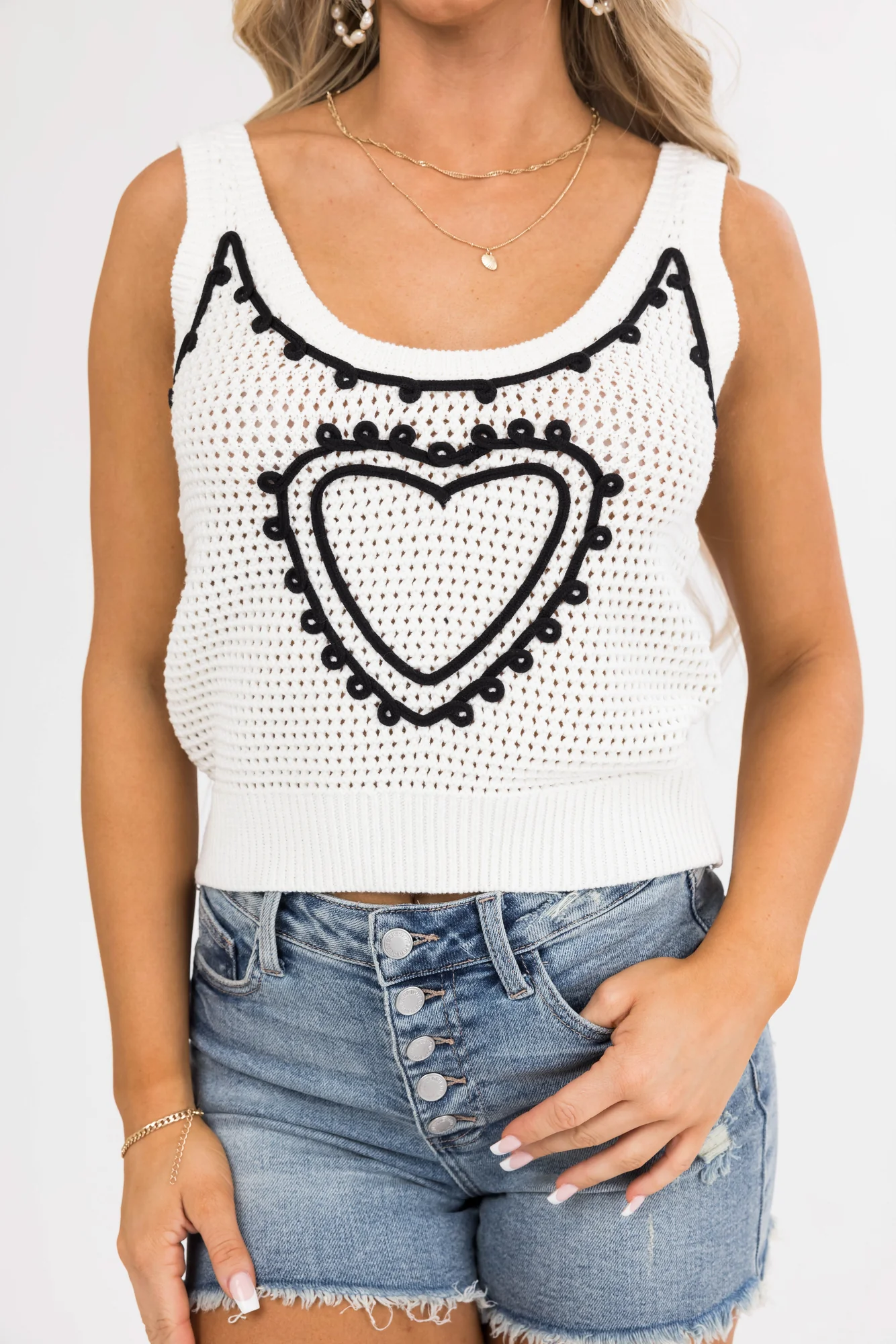 White Crochet Sweater Tank with Heart Embroidery