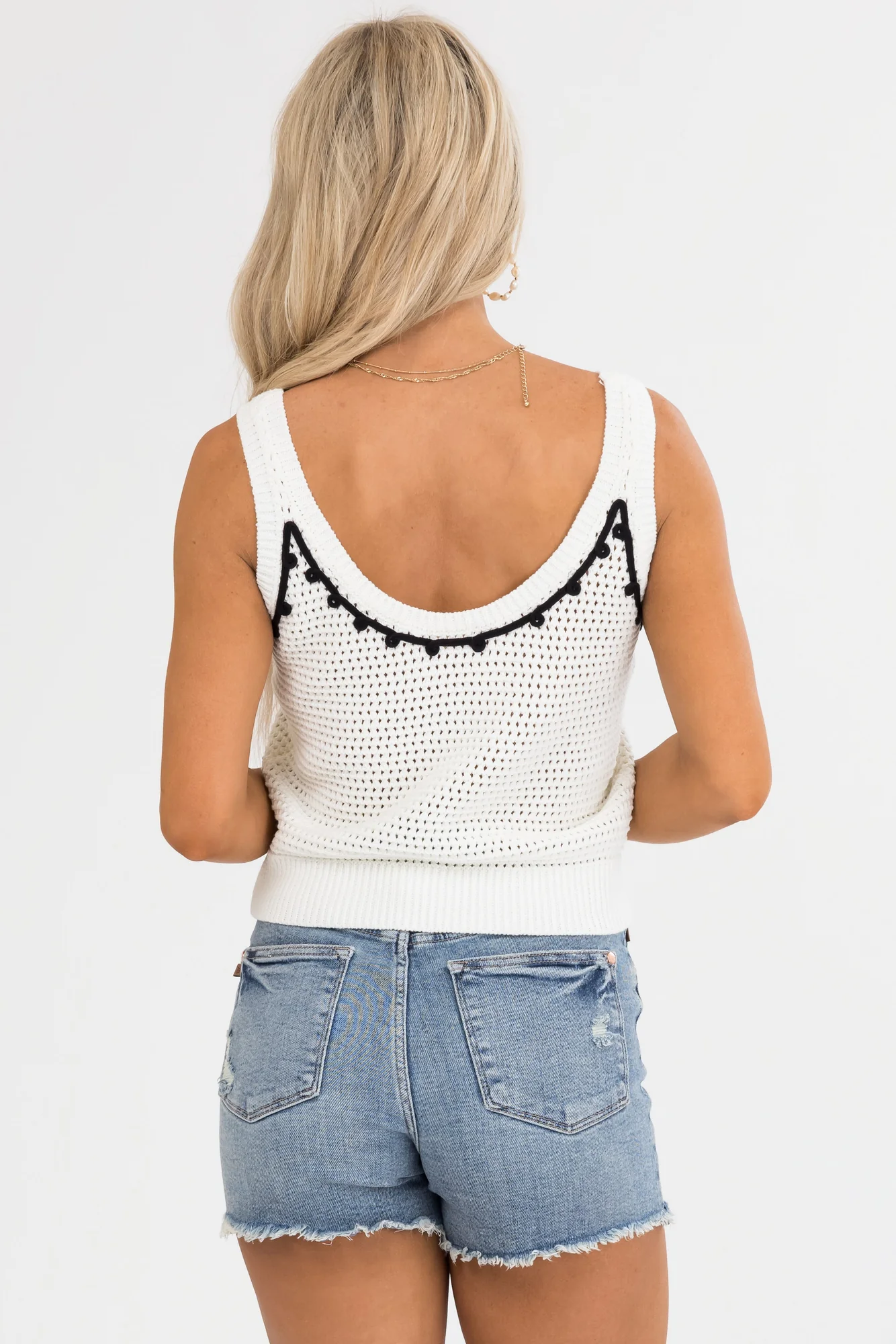 White Crochet Sweater Tank with Heart Embroidery
