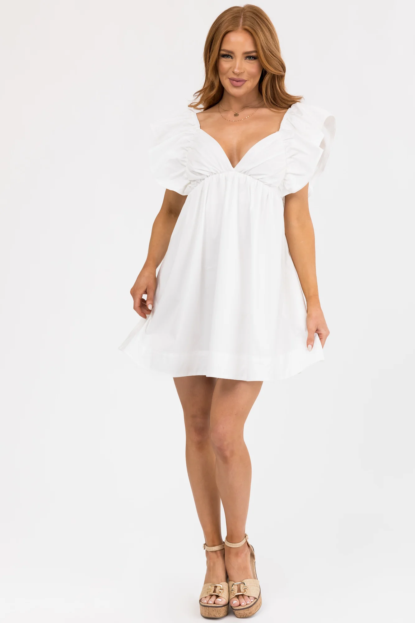 White Ruffle Sleeve Babydoll Mini Dress