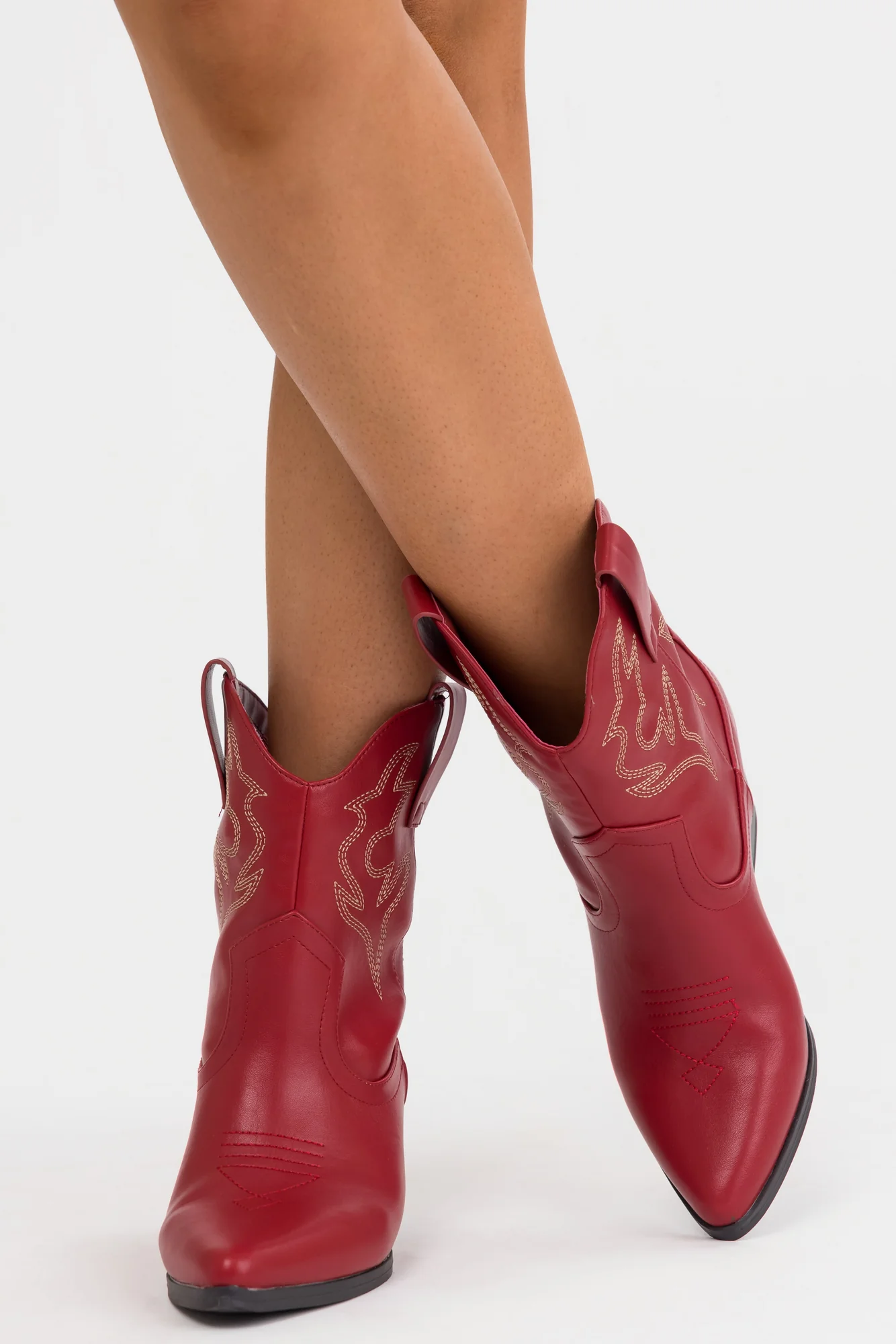 Burgundy Western Ankle Booties with Stitch Detail - Womens Fashion Shoes