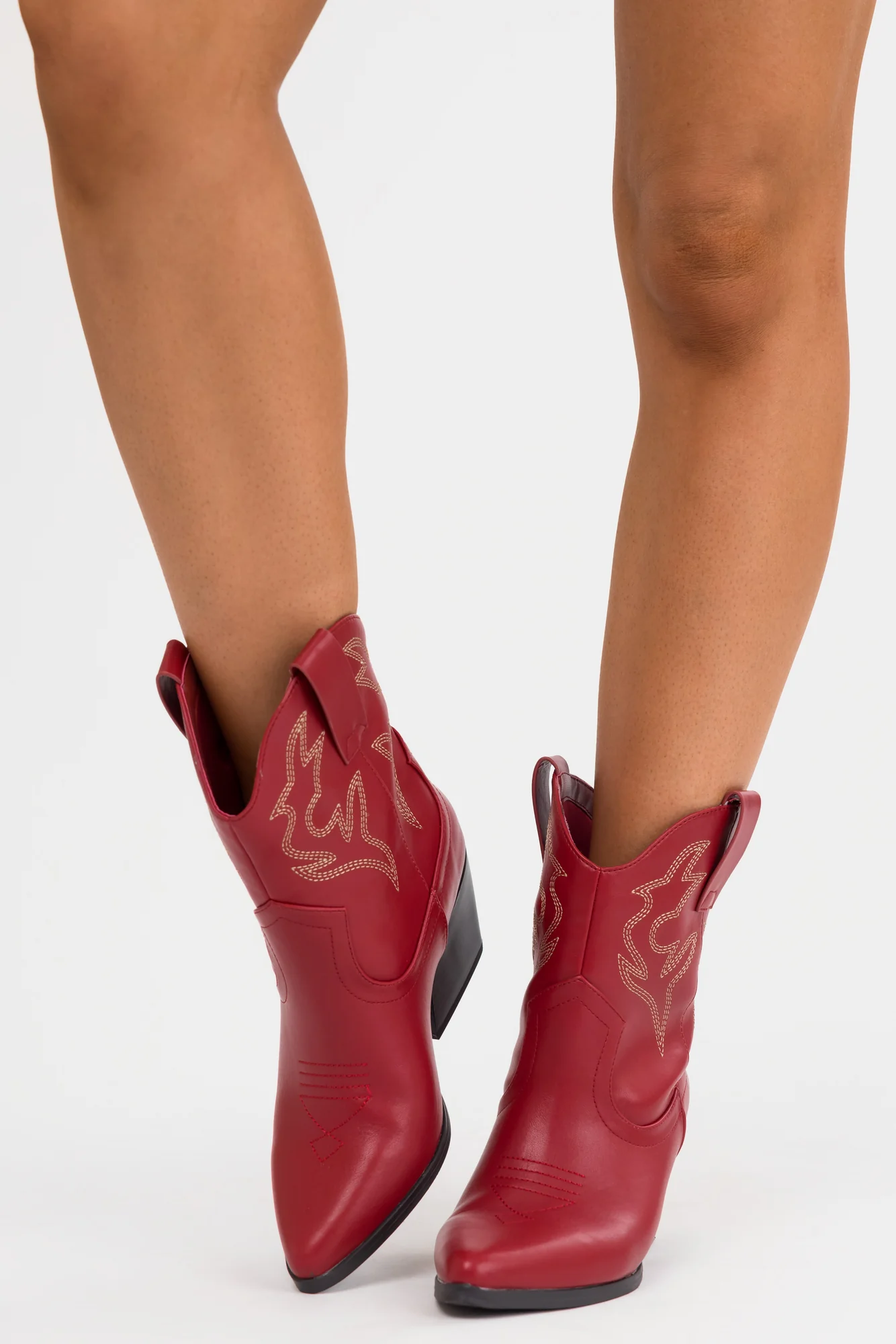 Burgundy Western Ankle Booties with Stitch Detail - Womens Fashion Shoes